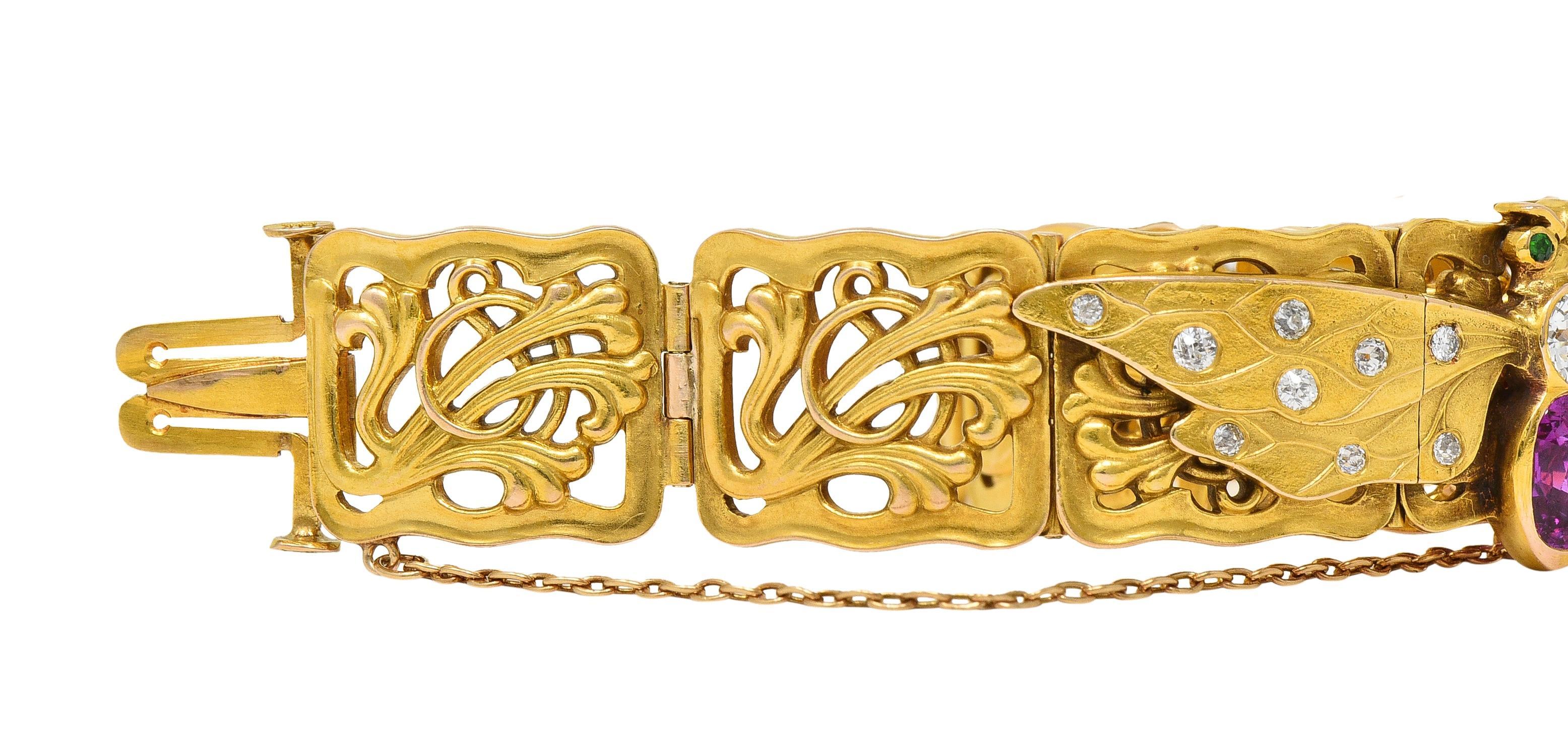 Cushion Cut Riker Brothers Art Nouveau Ruby Diamond Demantoid 14 Karat Gold Bee Bracelet For Sale