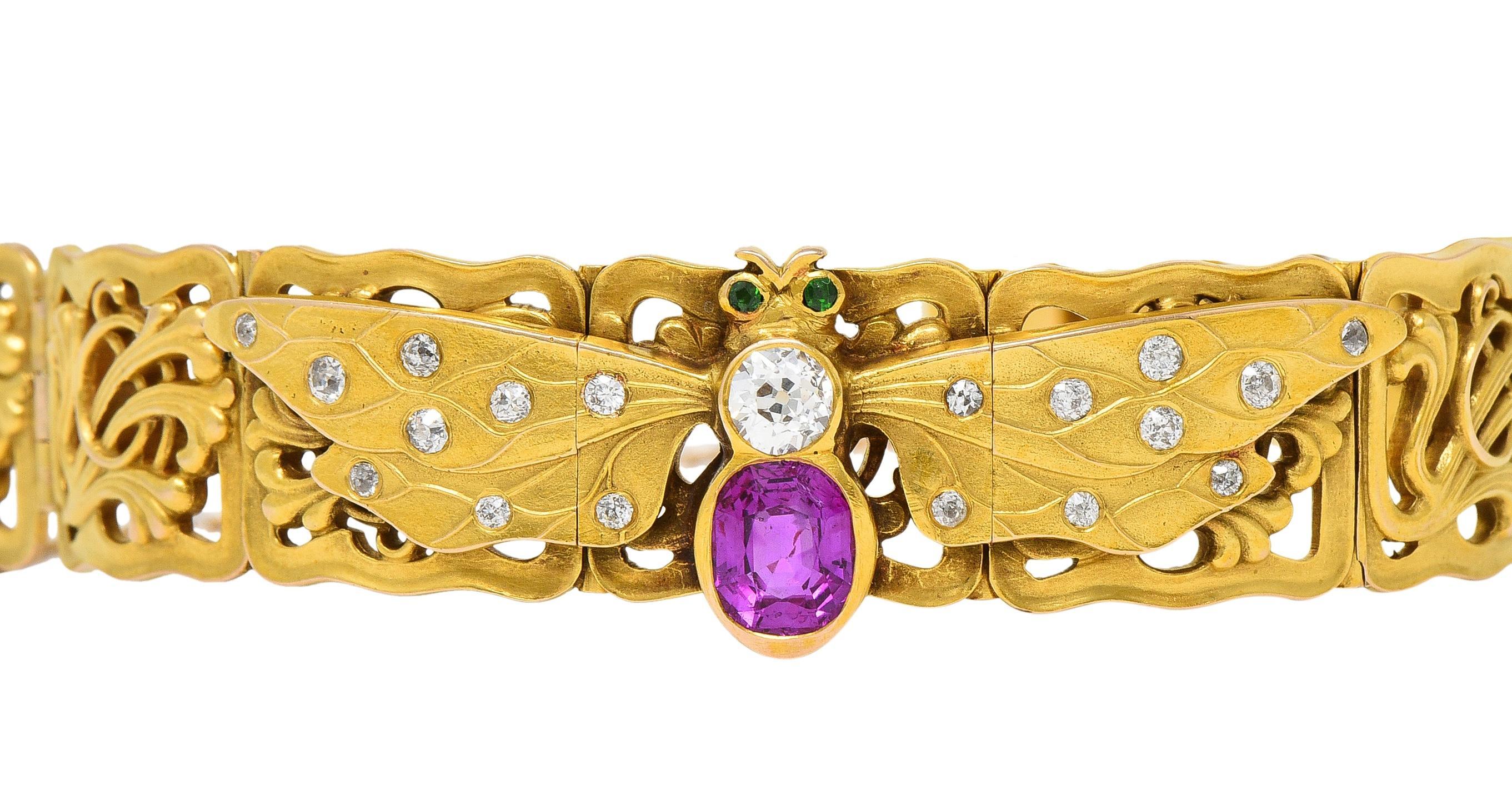 Riker Brothers Art Nouveau Ruby Diamond Demantoid 14 Karat Gold Bee Bracelet In Excellent Condition For Sale In Philadelphia, PA