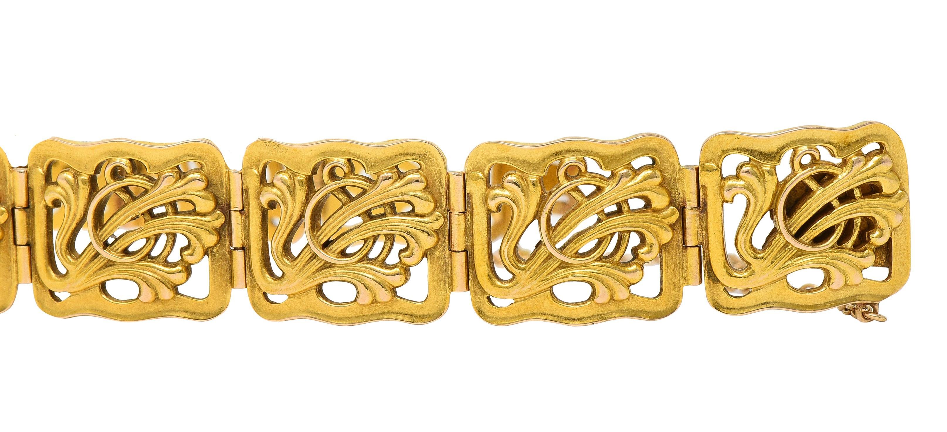 Women's or Men's Riker Brothers Art Nouveau Ruby Diamond Demantoid 14 Karat Gold Bee Bracelet For Sale