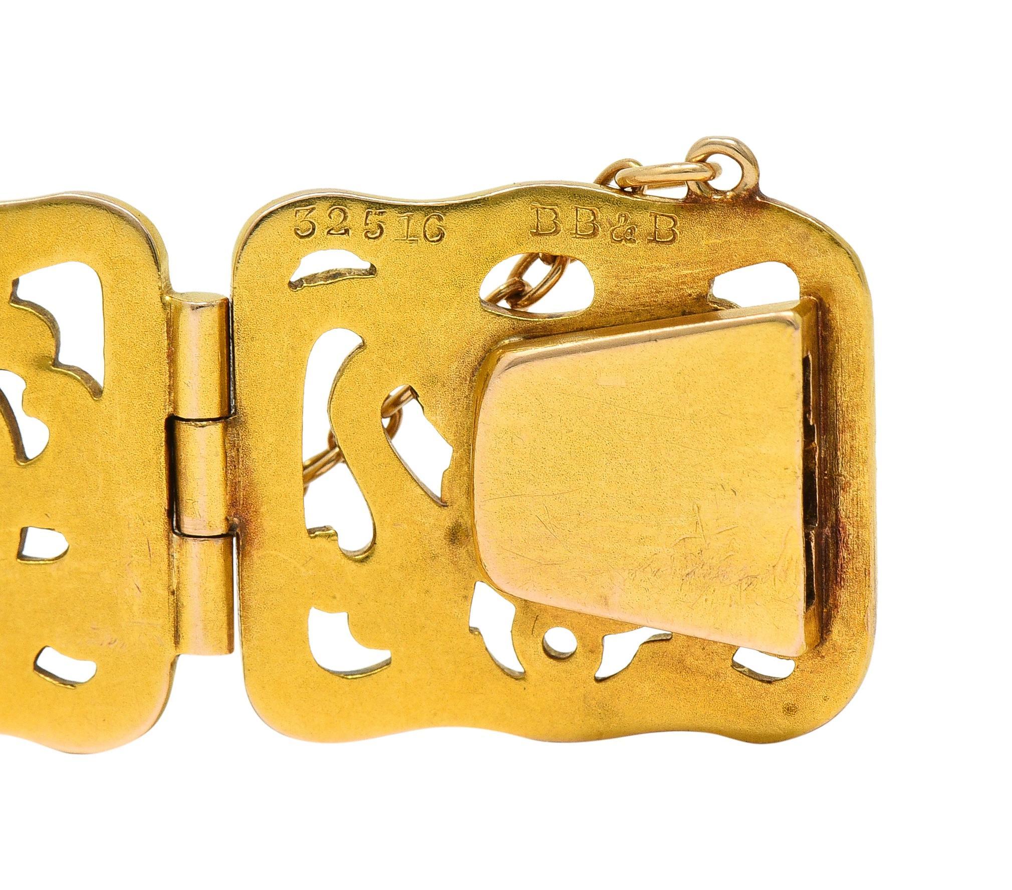 Riker Brothers Art Nouveau Ruby Diamond Demantoid 14 Karat Gold Bee Bracelet For Sale 1