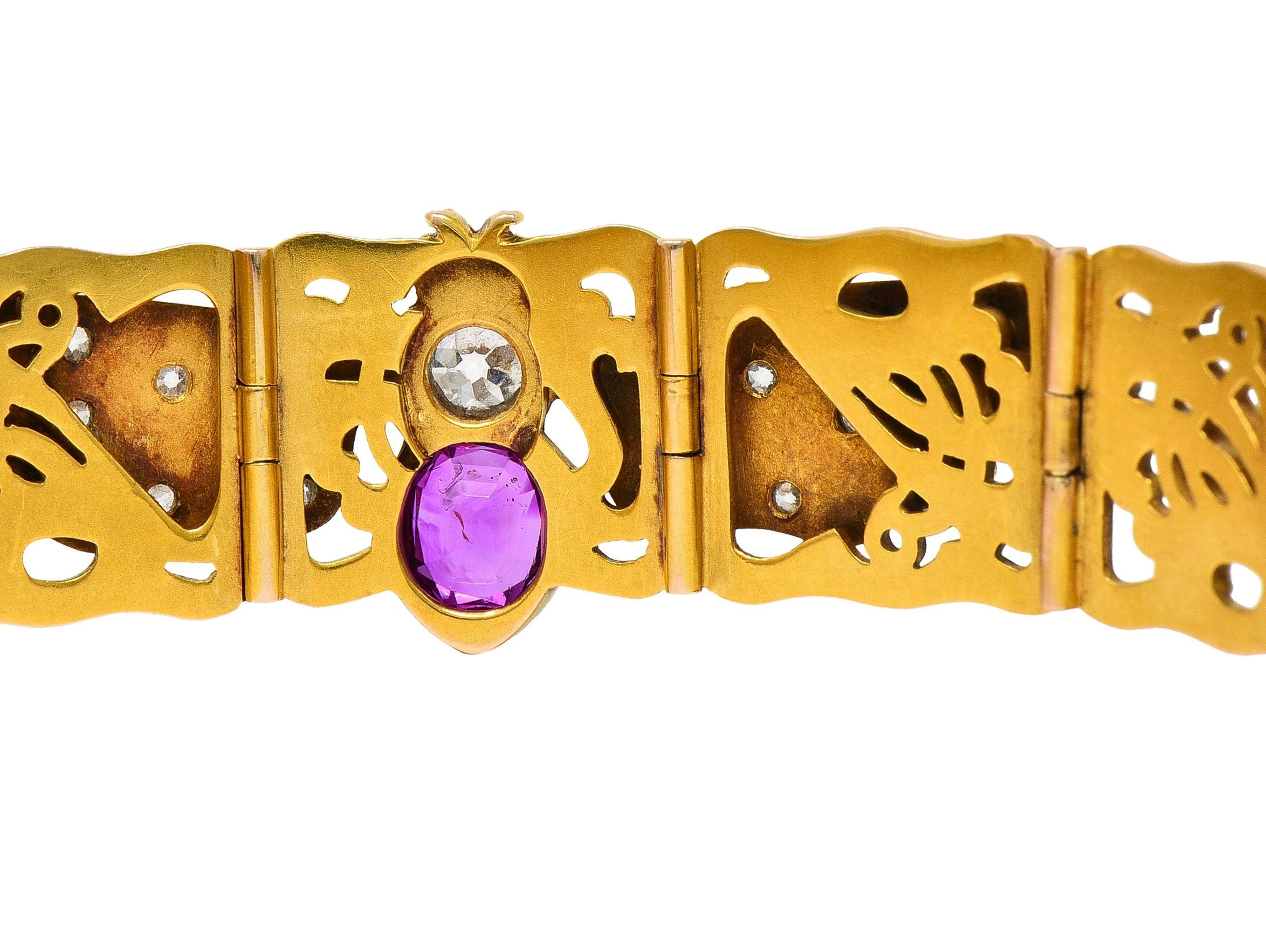 Riker Brothers Art Nouveau Ruby Diamond Demantoid 14 Karat Gold Bee Bracelet For Sale 3