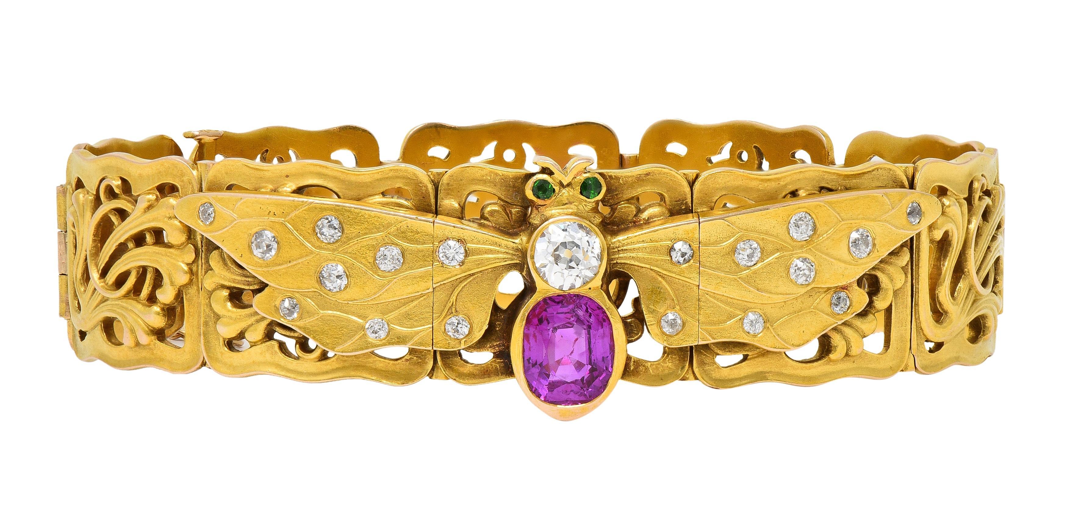 Riker Brothers Art Nouveau Ruby Diamond Demantoid 14 Karat Gold Bee Bracelet For Sale 4