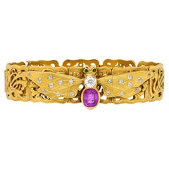 Antique Riker Brothers Art Nouveau Ruby Diamond Demantoid 14 Karat Gold Bee Bracelet