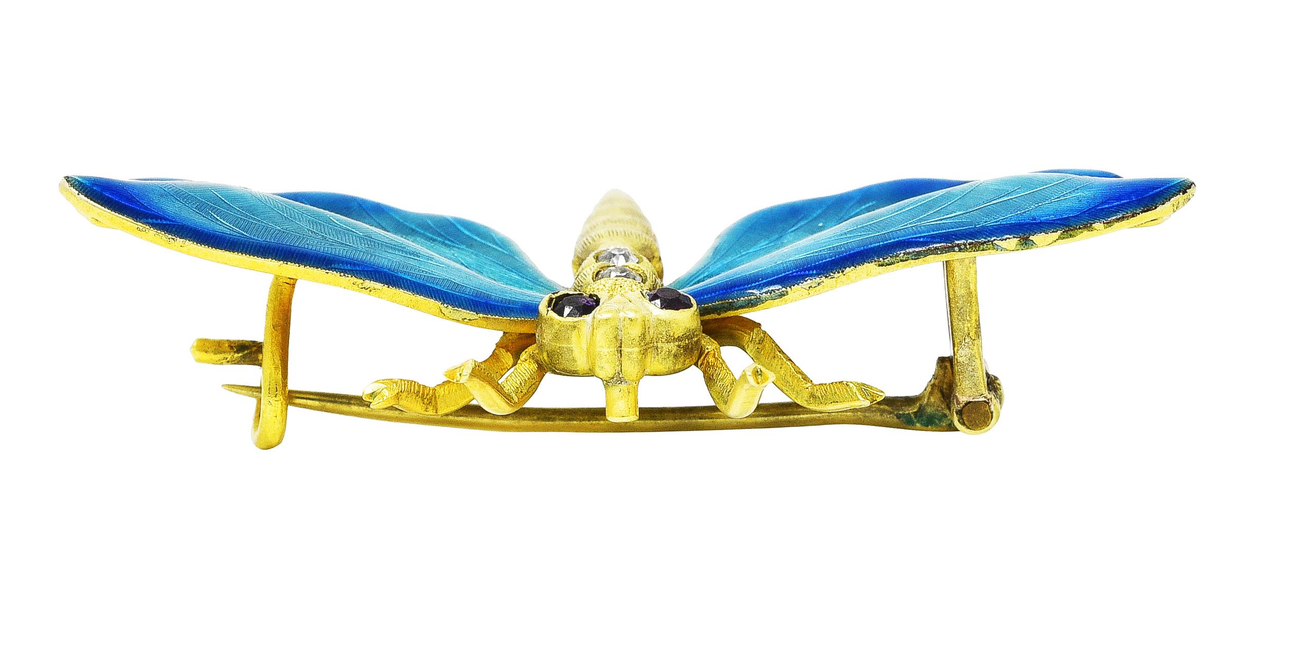 Riker Brothers Broche Art Nouveau en or 14 carats avec rubis, diamants et émail guilloché 3