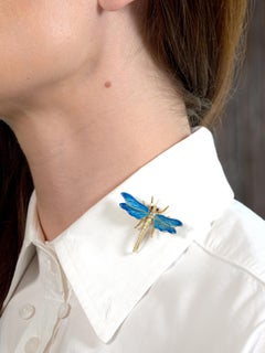 Riker Brothers Art Nouveau Ruby Diamond Guilloche Enamel 14K Dragonfly Brooch