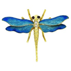 Riker Brothers Art Nouveau Ruby Diamond Guilloche Enamel 14K Dragonfly Brooch