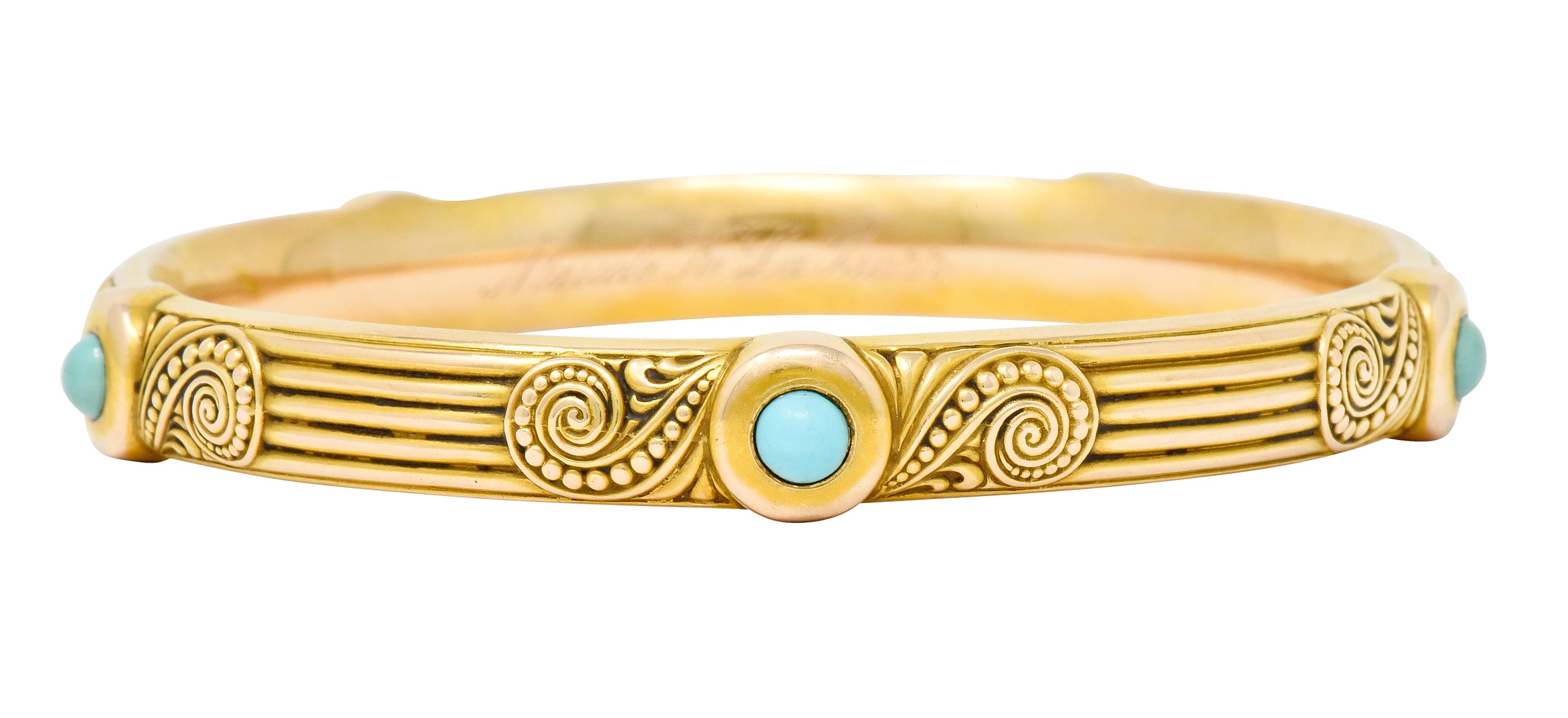 Bangle style bracelet with a deeply ridged texture and scrolled motif accented by graduated gold beading

Featuring five bezel set round turquoise cabochon measuring approximately 4.5 mm; opaque with light bluish-green to robin's egg blue