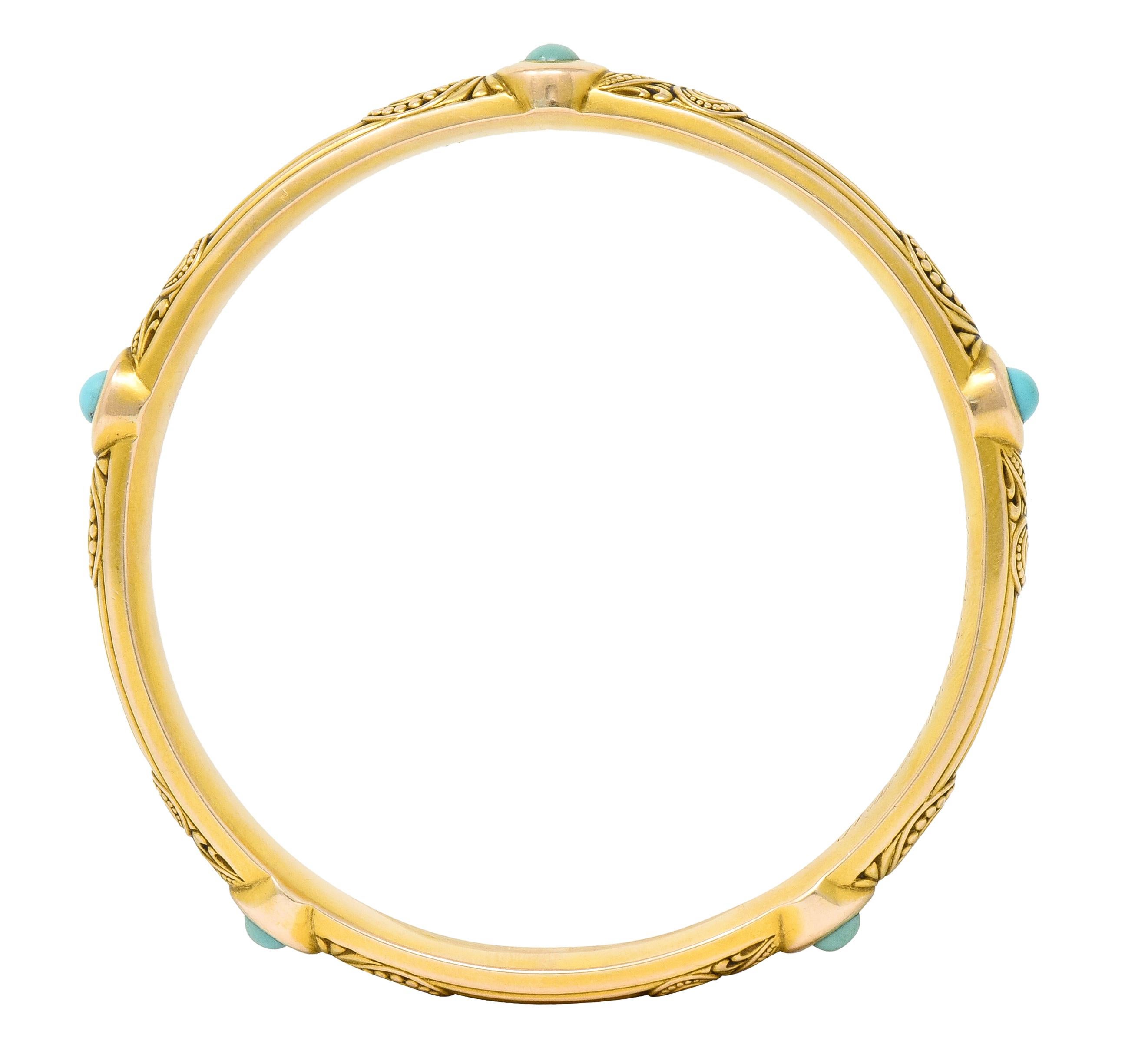 Women's or Men's Riker Brothers Art Nouveau Turquoise Cabochon 14 Karat Gold Bangle Bracelet