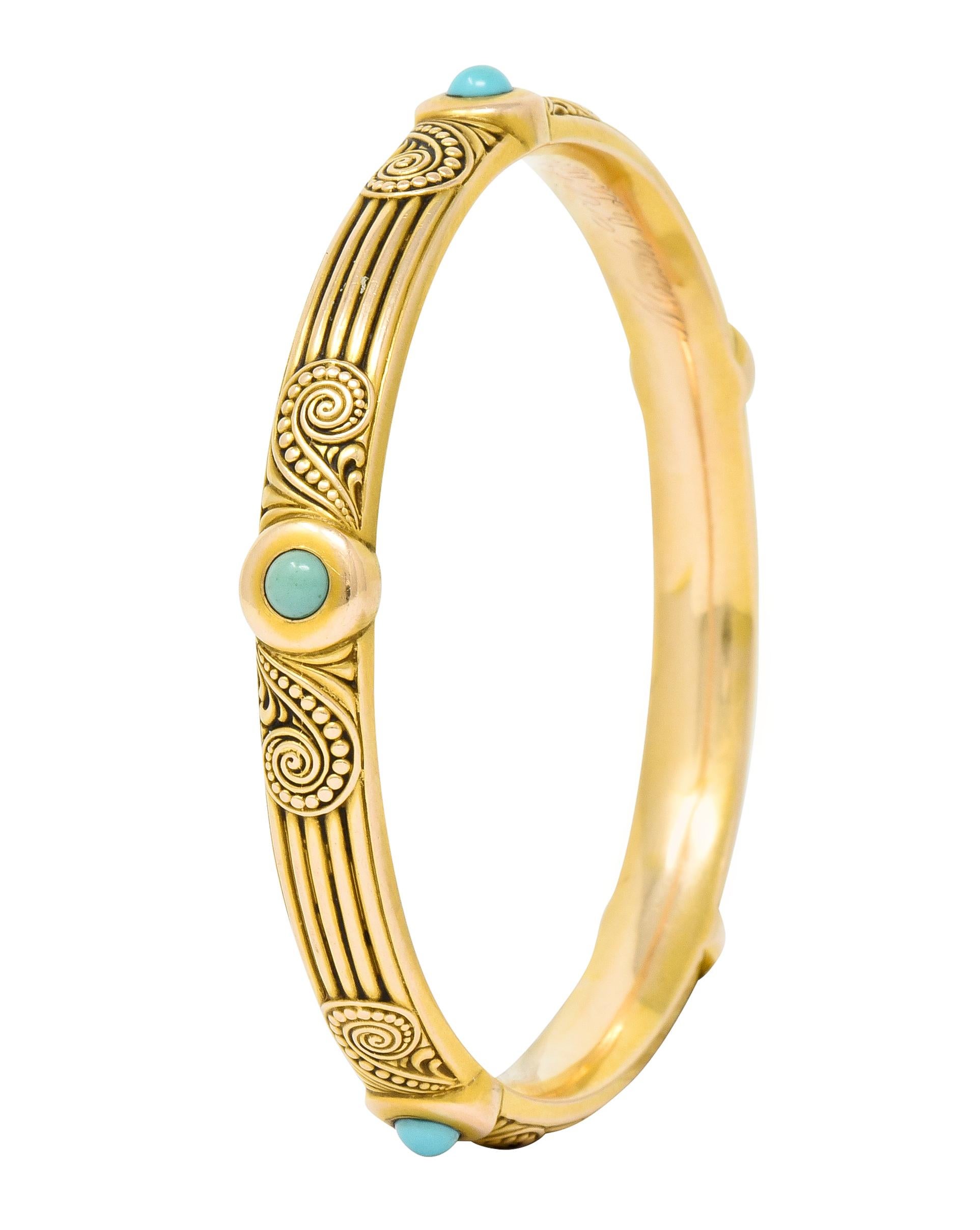 Riker Brothers Art Nouveau Turquoise Cabochon 14 Karat Gold Bangle Bracelet 3