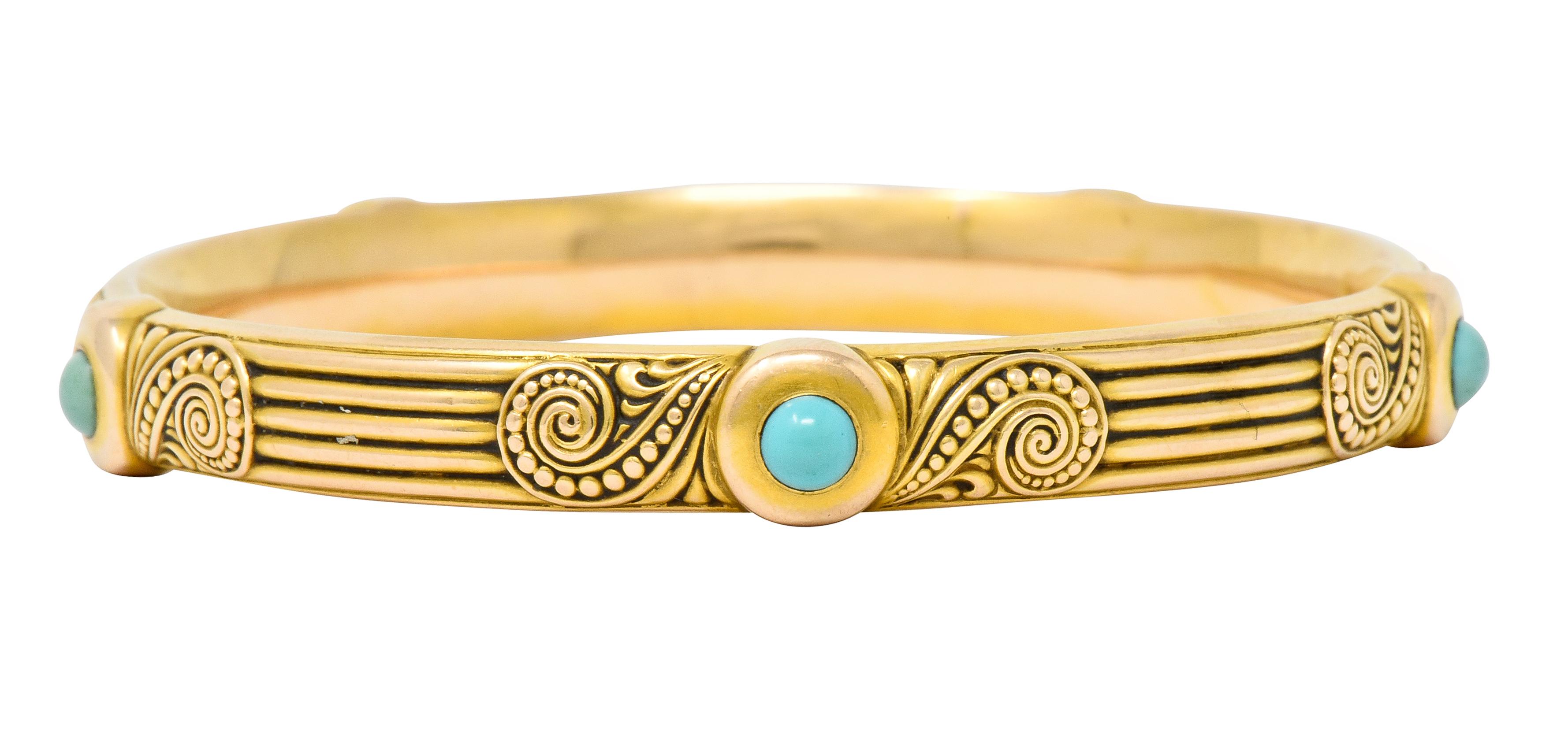 Riker Brothers Art Nouveau Turquoise Cabochon 14 Karat Gold Bangle Bracelet 4