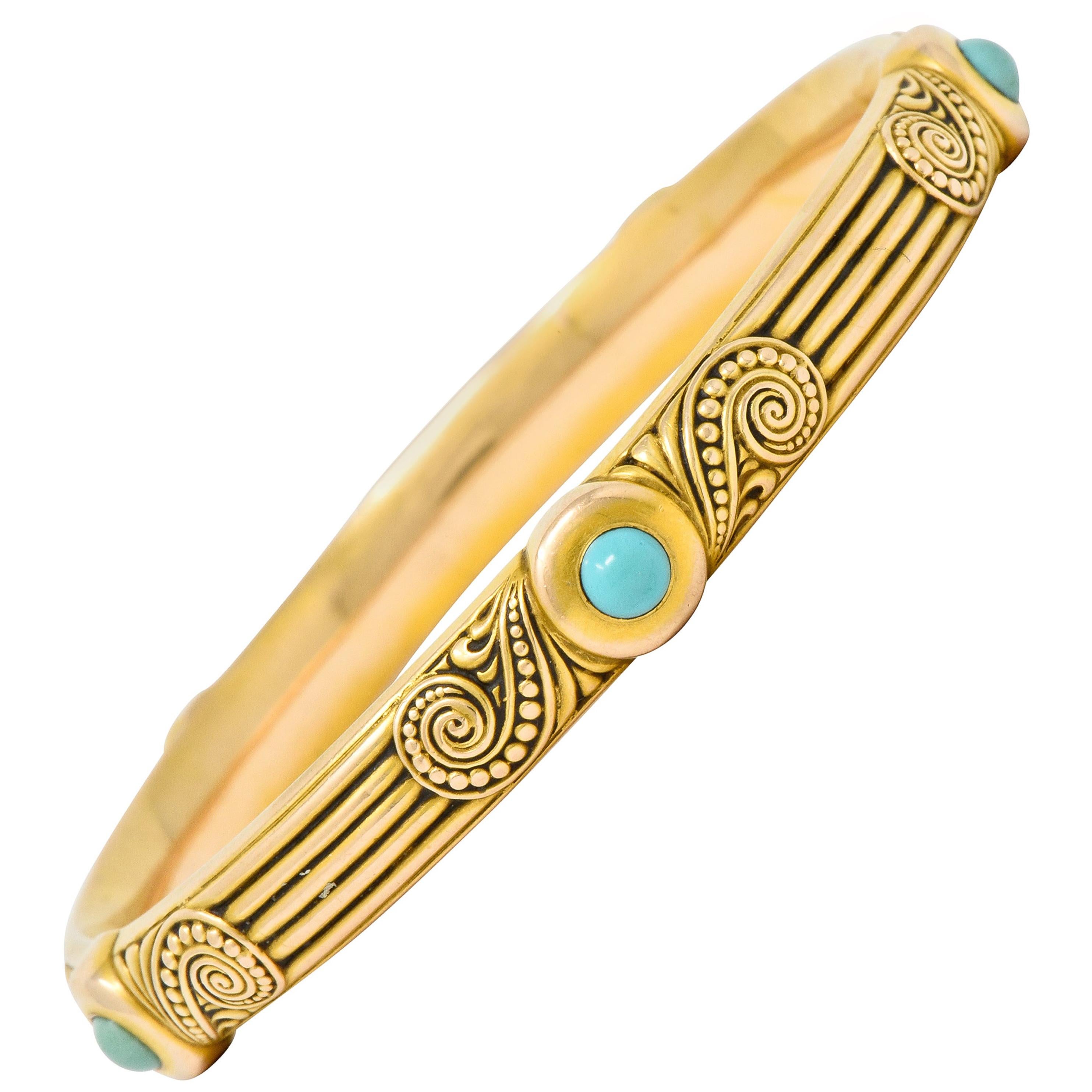 Riker Brothers Art Nouveau Turquoise Cabochon 14 Karat Gold Bangle Bracelet