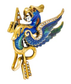 Riker Brothers Diamond Enamel Pearl 14 Karat Gold Basilisk Dragon Brooch