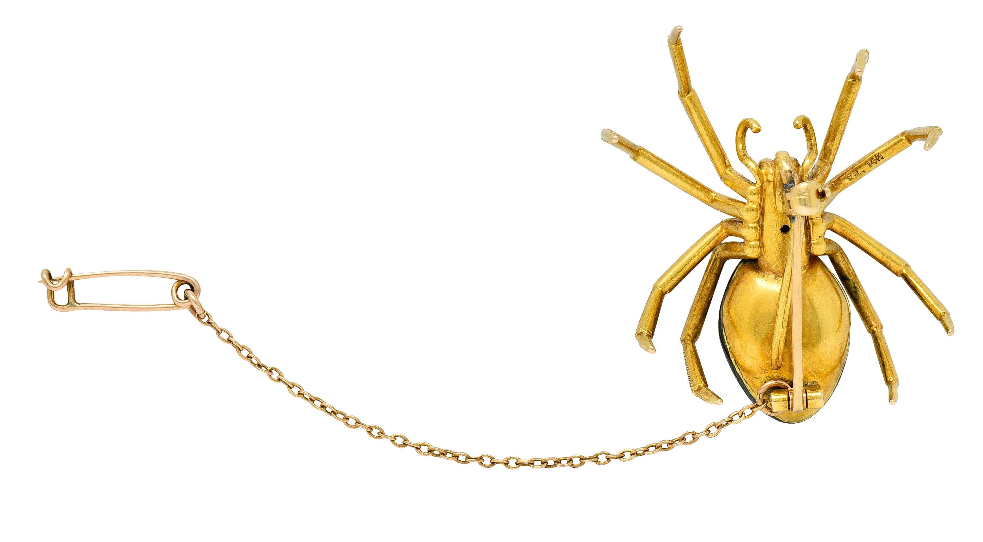 Riker Brothers Enamel Diamond Ruby 14 Karat Gold Spider Art Nouveau Brooch For Sale 6
