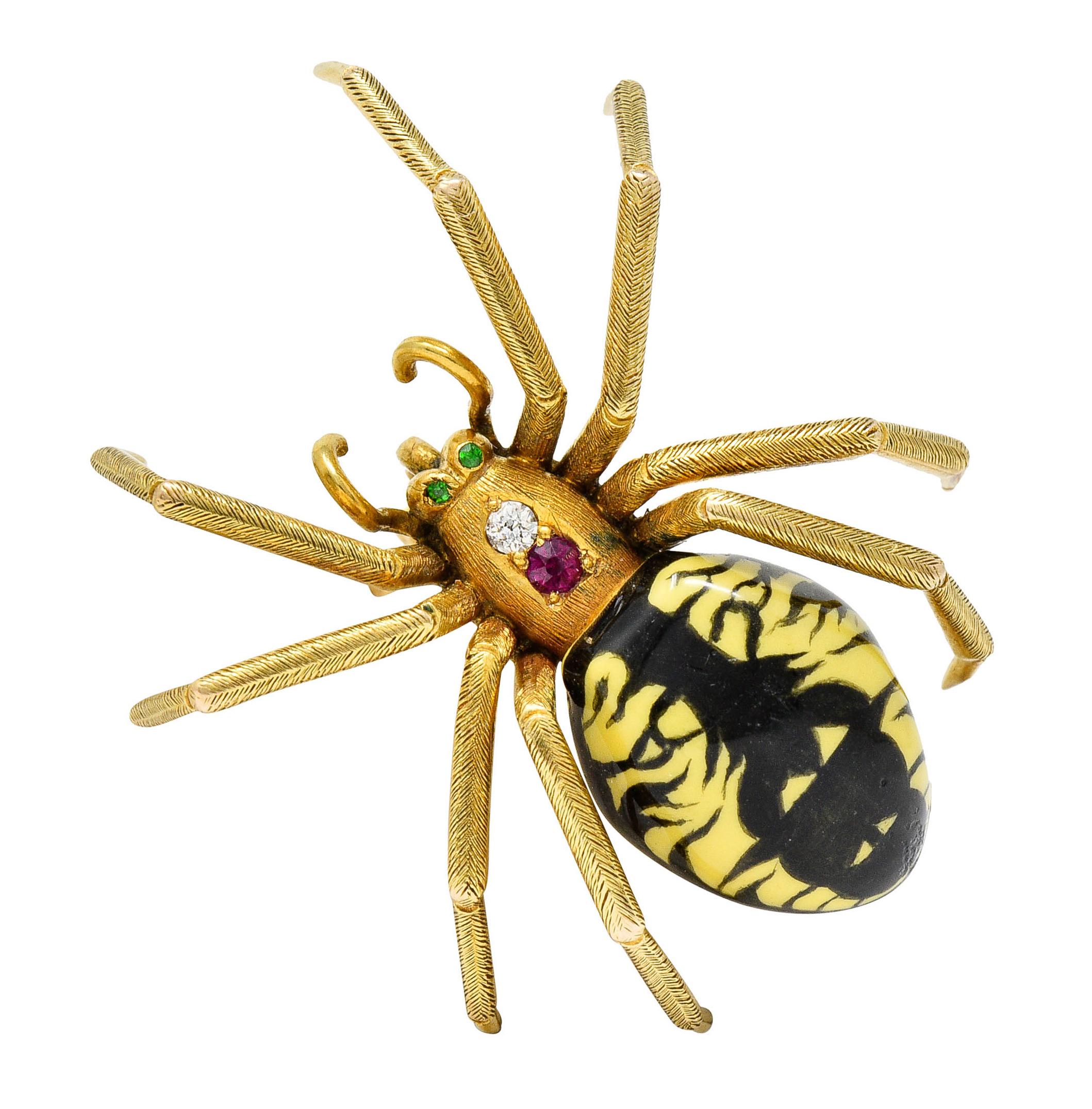Riker Brothers Enamel Diamond Ruby 14 Karat Gold Spider Art Nouveau Brooch For Sale 9