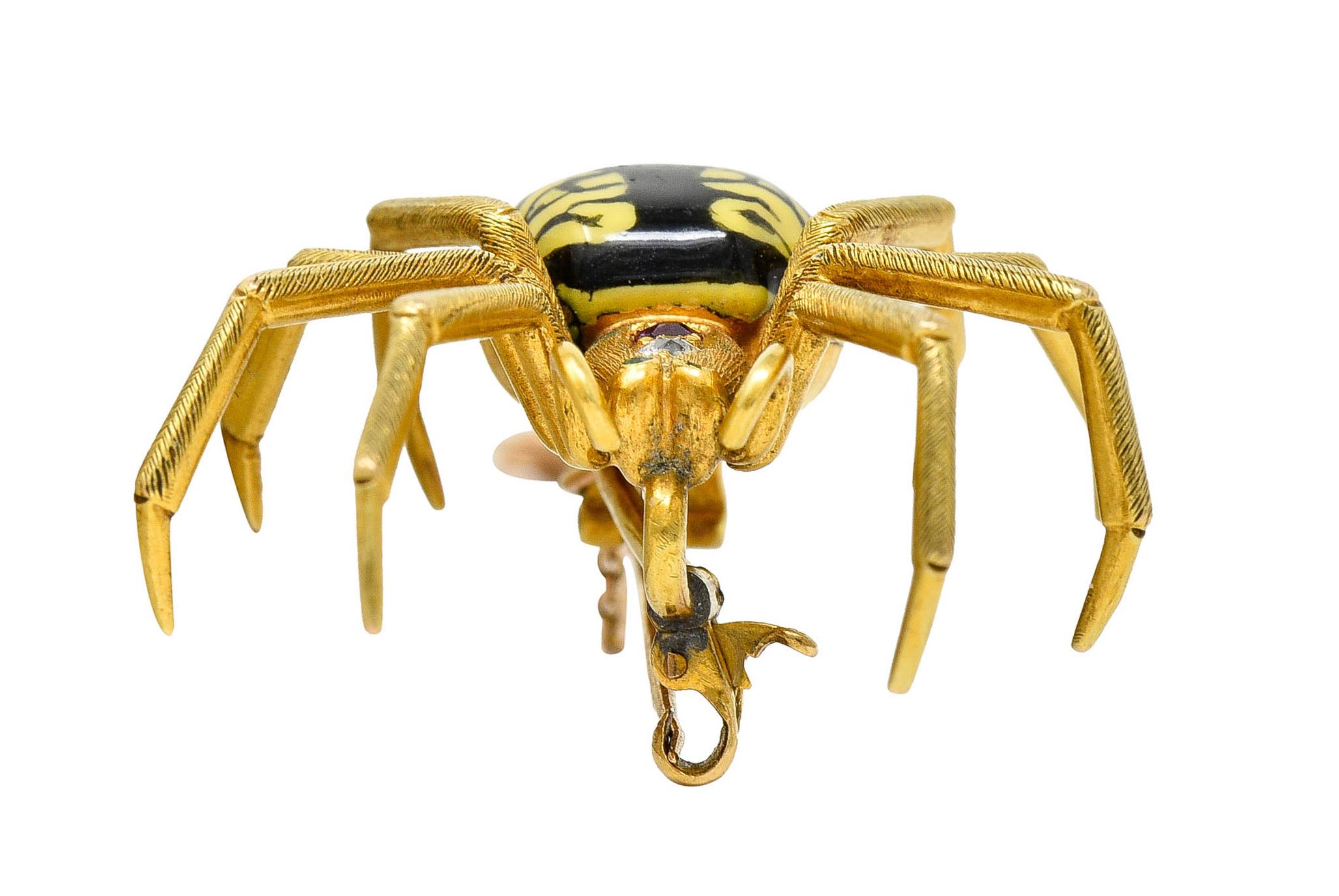 Women's or Men's Riker Brothers Enamel Diamond Ruby 14 Karat Gold Spider Art Nouveau Brooch For Sale