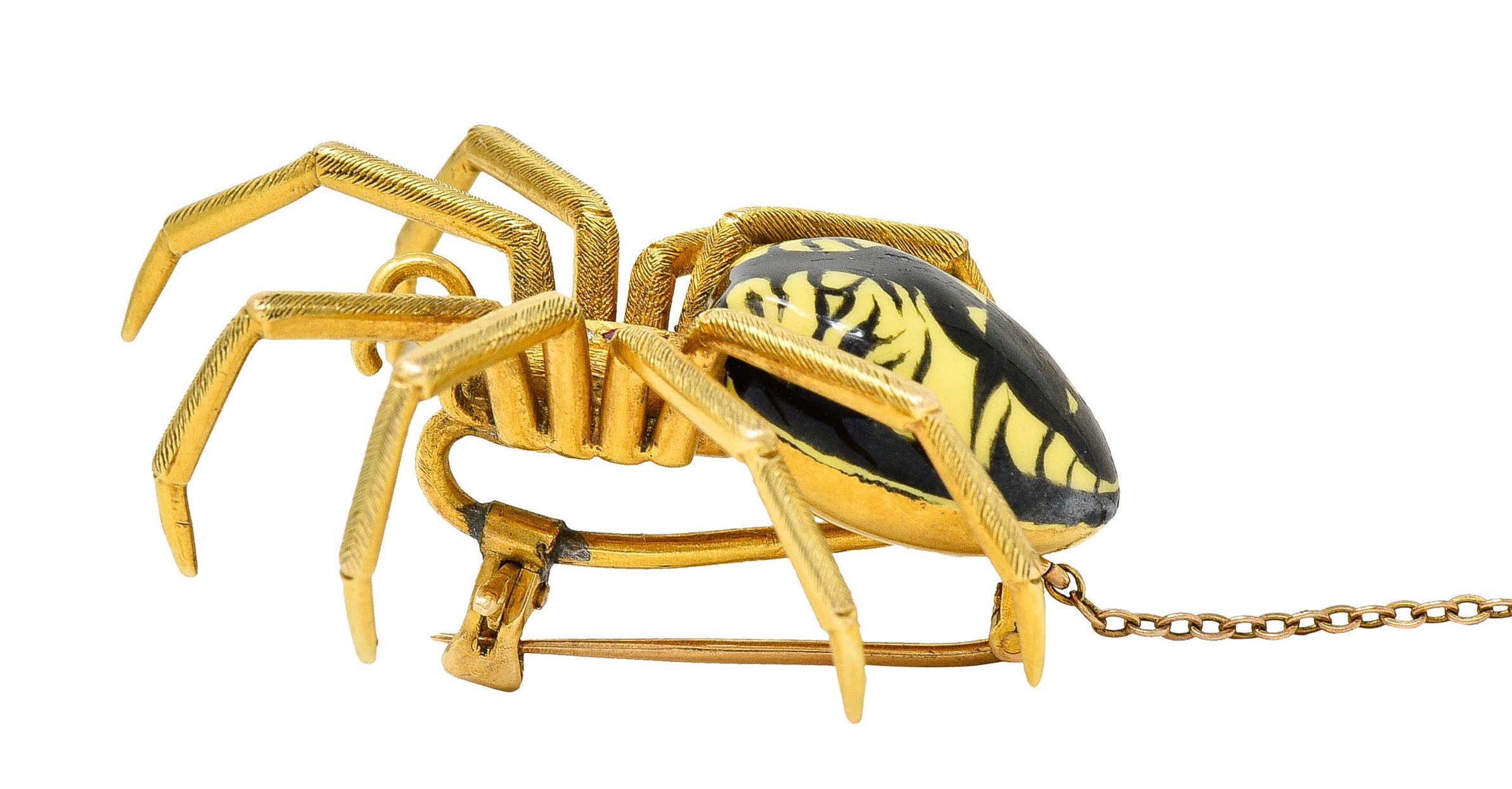 Riker Brothers Enamel Diamond Ruby 14 Karat Gold Spider Art Nouveau Brooch For Sale 1