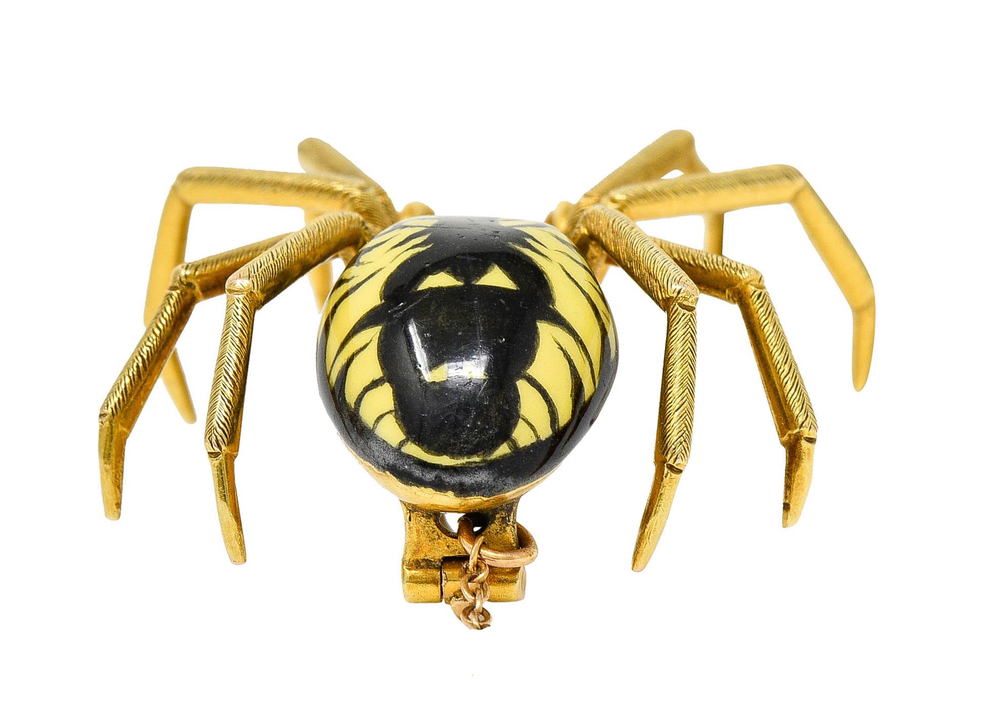 Riker Brothers Enamel Diamond Ruby 14 Karat Gold Spider Art Nouveau Brooch For Sale 2