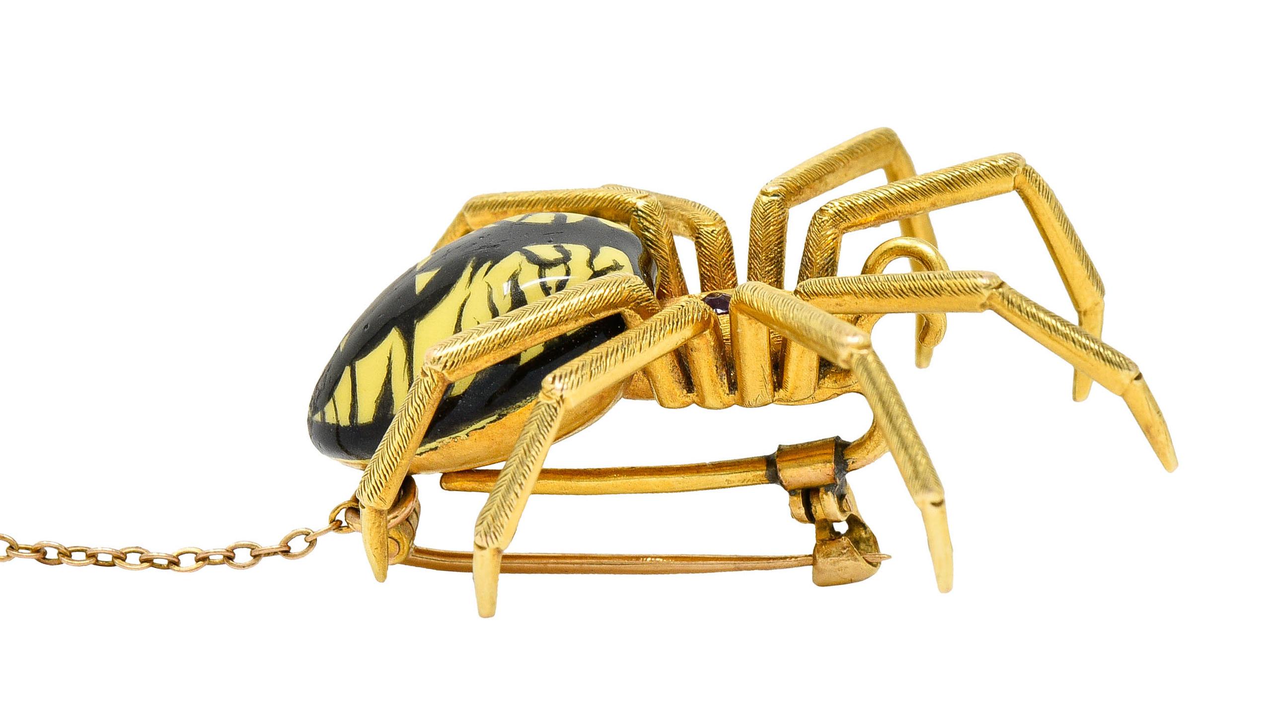 Riker Brothers Enamel Diamond Ruby 14 Karat Gold Spider Art Nouveau Brooch For Sale 3