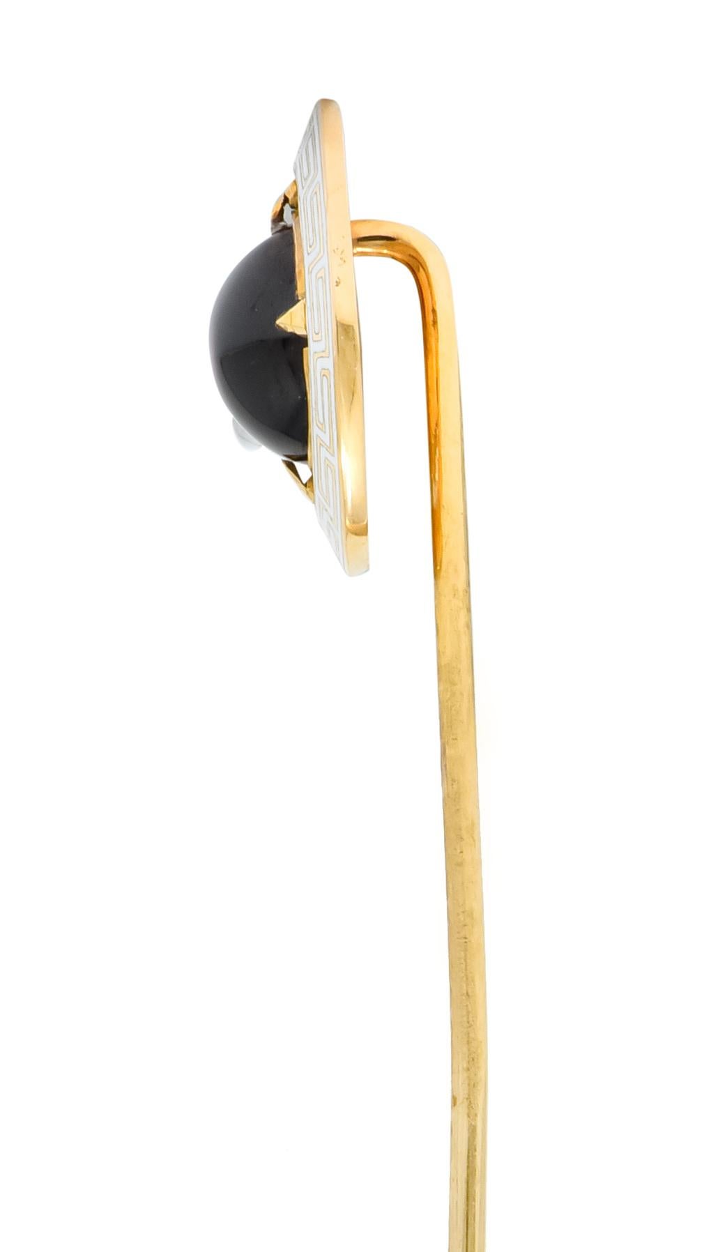 Art Nouveau Riker Brothers Garnet Cabochon Enamel 14 Karat Gold Greek Key Stickpin