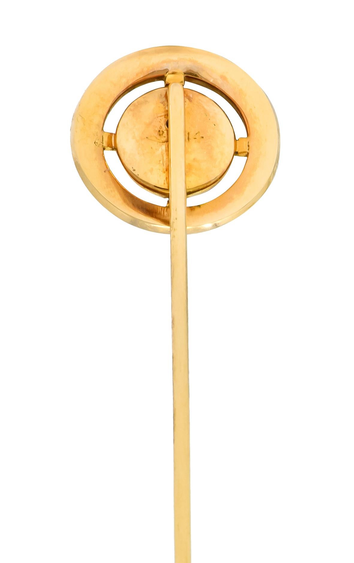 Round Cut Riker Brothers Garnet Cabochon Enamel 14 Karat Gold Greek Key Stickpin