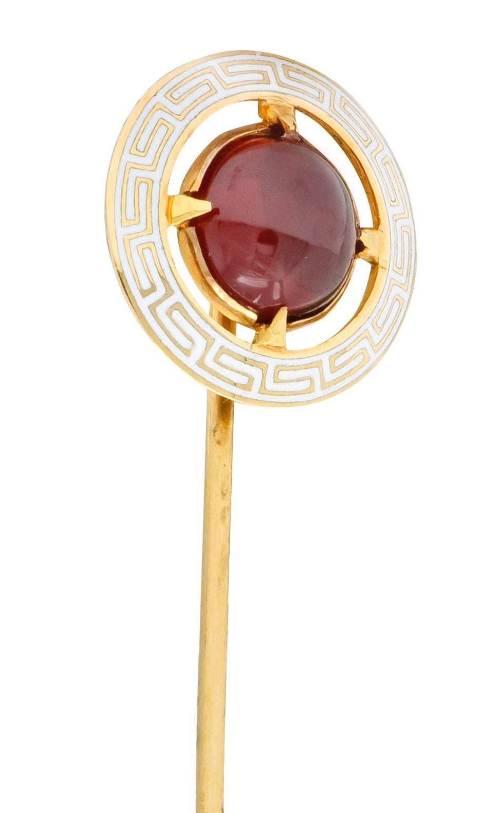 Women's or Men's Riker Brothers Garnet Cabochon Enamel 14 Karat Gold Greek Key Stickpin