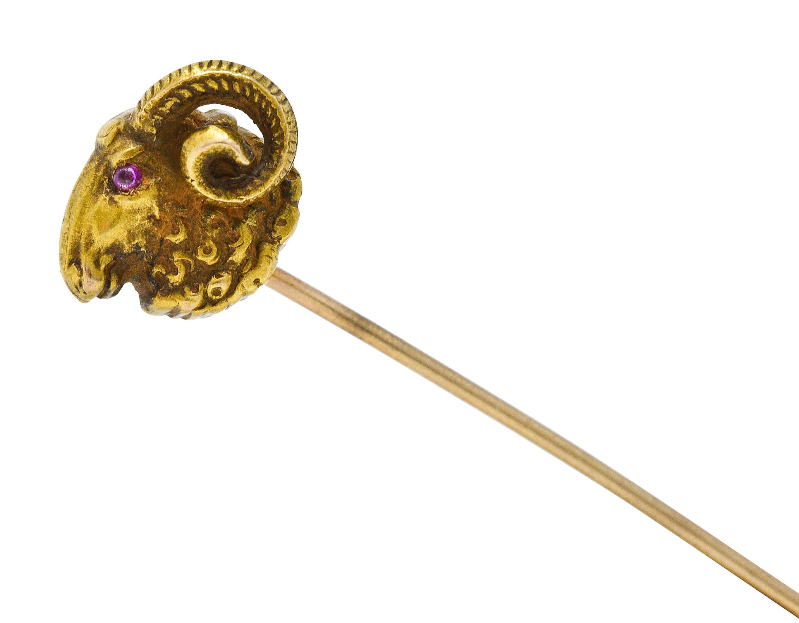 Cabochon Riker Brothers Ruby 14 Karat Gold Ram Stickpin Aries Zodiac For Sale