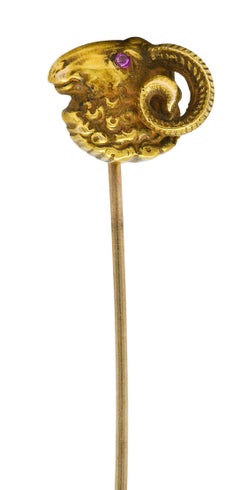 Riker Brothers Ruby 14 Karat Gold Ram Stickpin Aries Zodiac