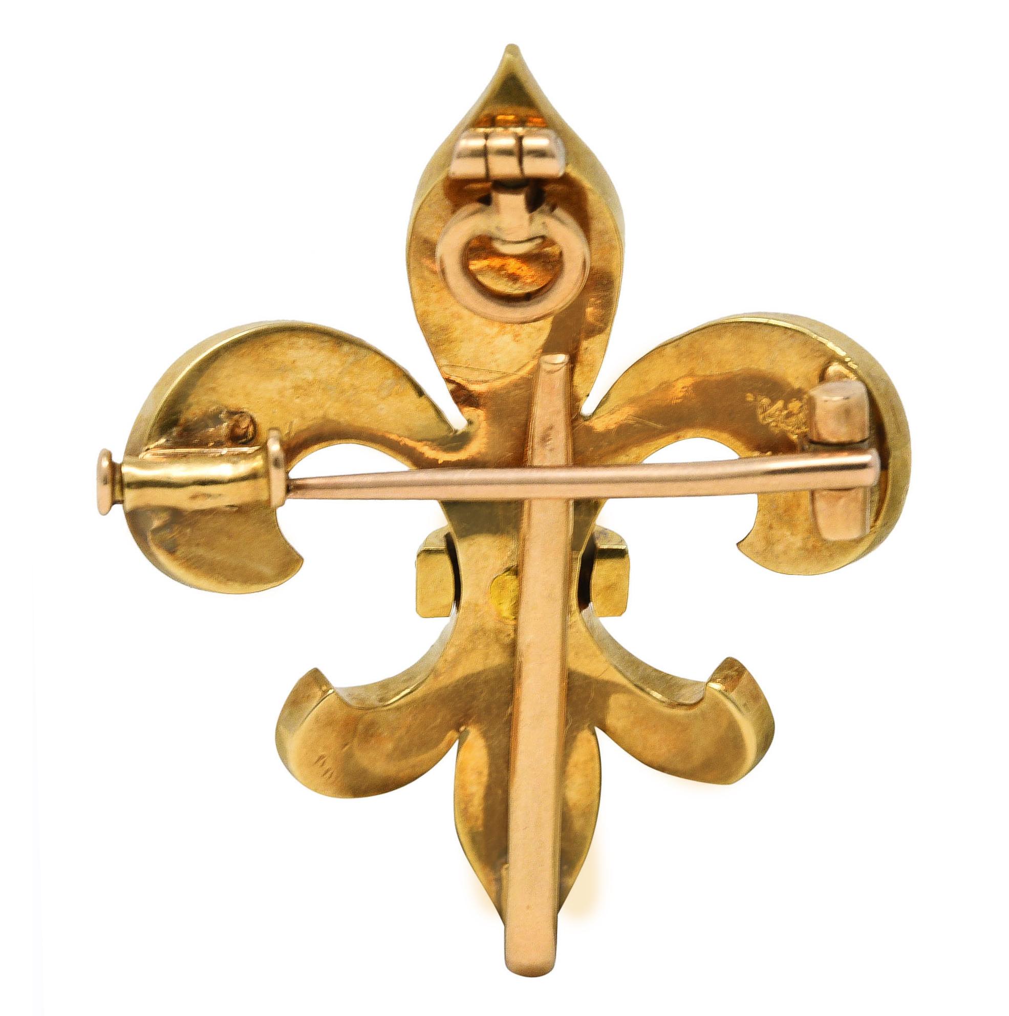 Riker Brothers viktorianische Fleur-De-Lis-Anhänger-Brosche, Diamant Perle 14 Karat Gold (Viktorianisch)