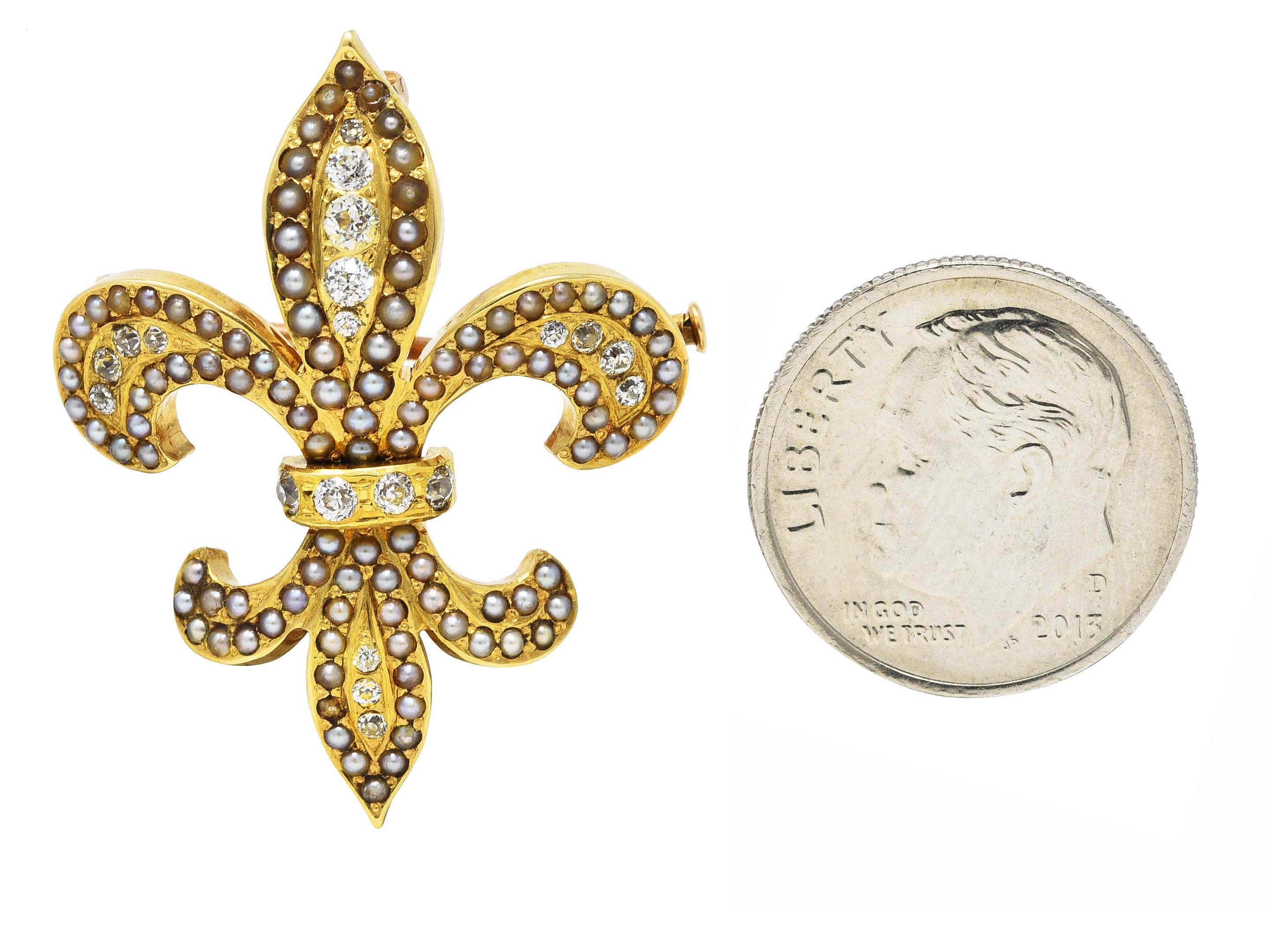 Riker Brothers Victorian Diamond Pearl 14 Karat Gold Fleur-De-Lis Pendant Brooch In Excellent Condition In Philadelphia, PA
