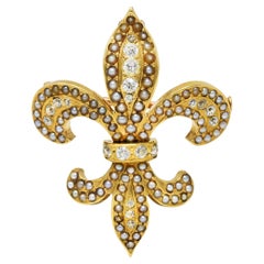 Riker Brothers Victorian Diamond Pearl 14 Karat Gold Fleur-De-Lis Pendant Brooch