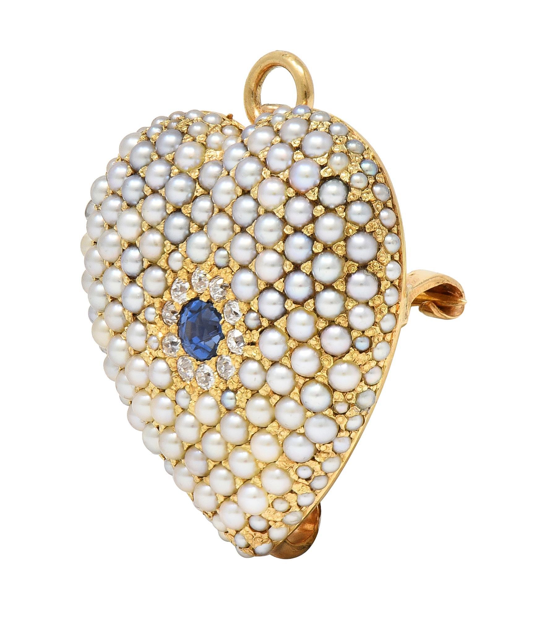 Old European Cut Riker Brothers Victorian Sapphire Diamond 14 Karat Gold Heart Pendant Brooch