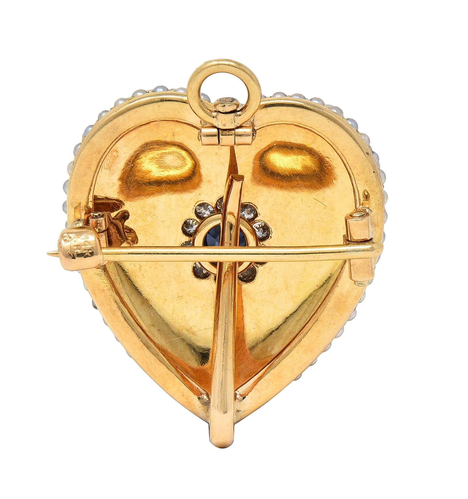 Riker Brothers Victorian Sapphire Diamond 14 Karat Gold Heart Pendant Brooch In Excellent Condition In Philadelphia, PA