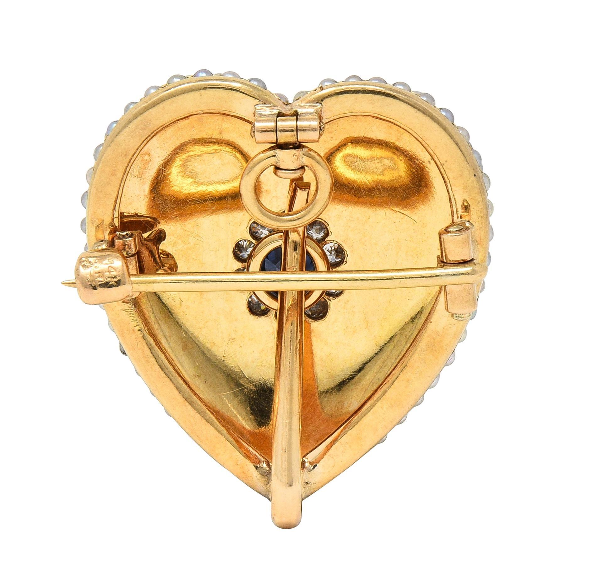 Women's or Men's Riker Brothers Victorian Sapphire Diamond 14 Karat Gold Heart Pendant Brooch