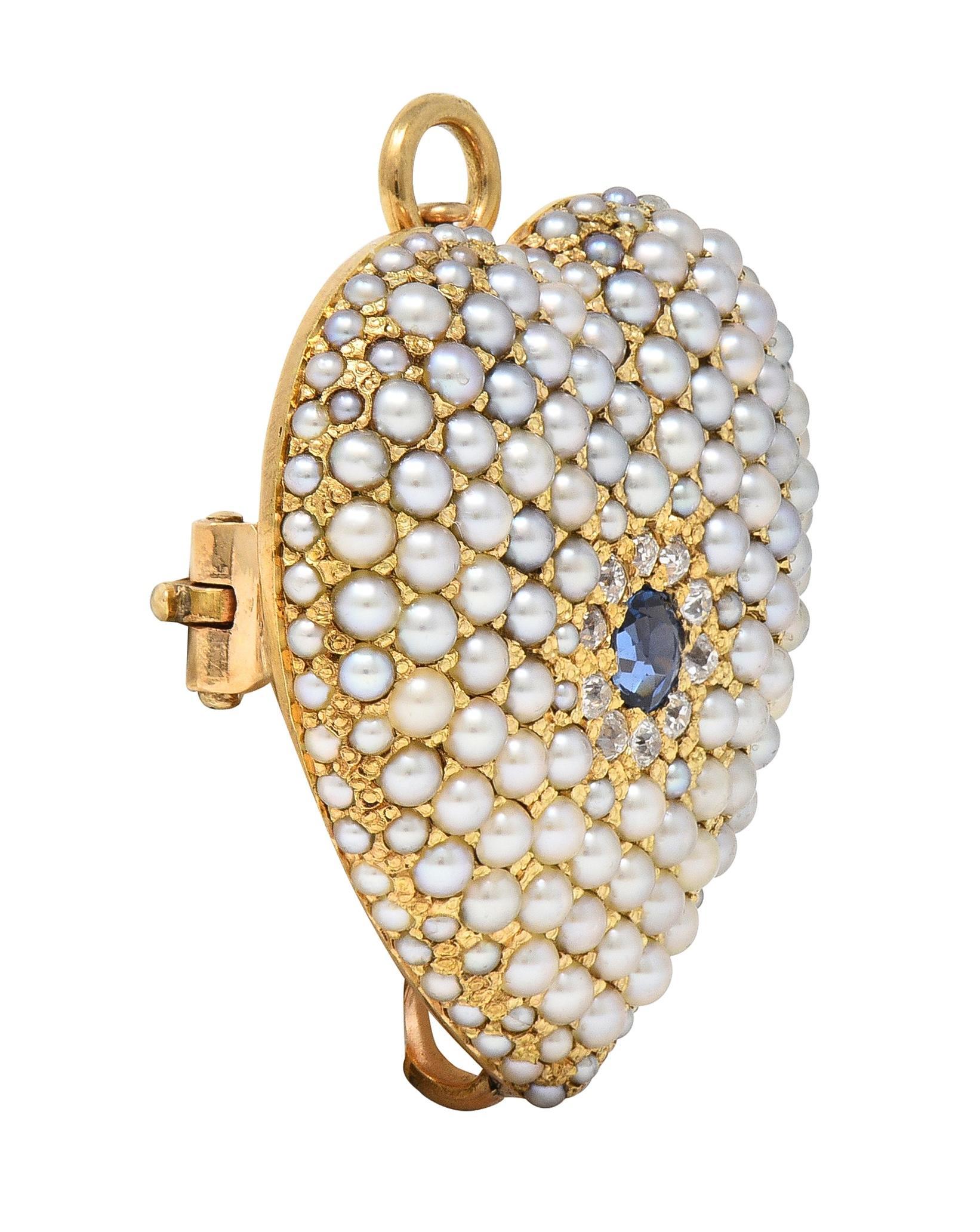Riker Brothers Victorian Sapphire Diamond 14 Karat Gold Heart Pendant Brooch 1