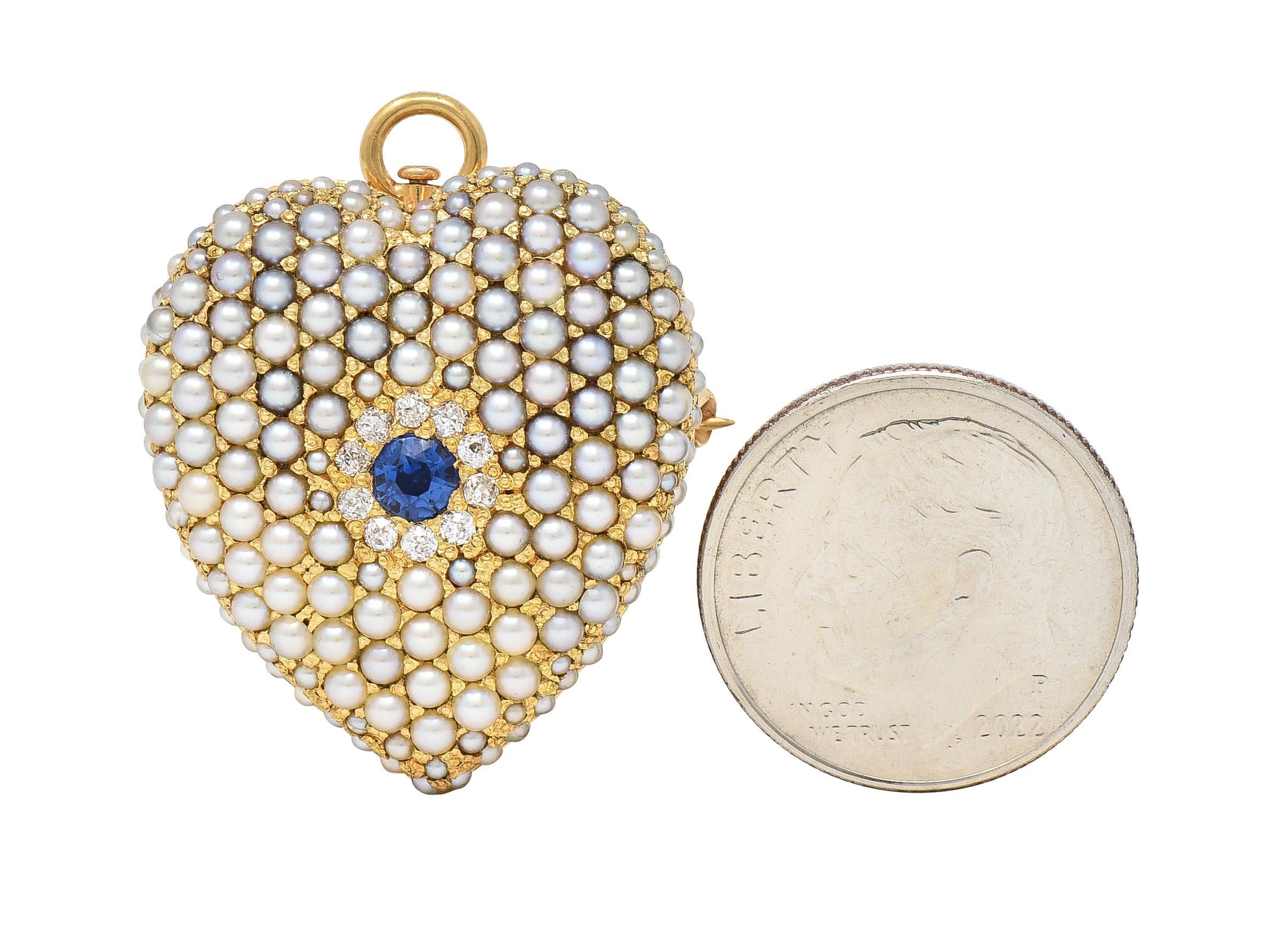 Riker Brothers Victorian Sapphire Diamond 14 Karat Gold Heart Pendant Brooch 2