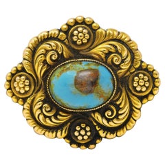 Riker Brothers Victorian Turquoise 14 Karat Yellow Gold Antique Brooch