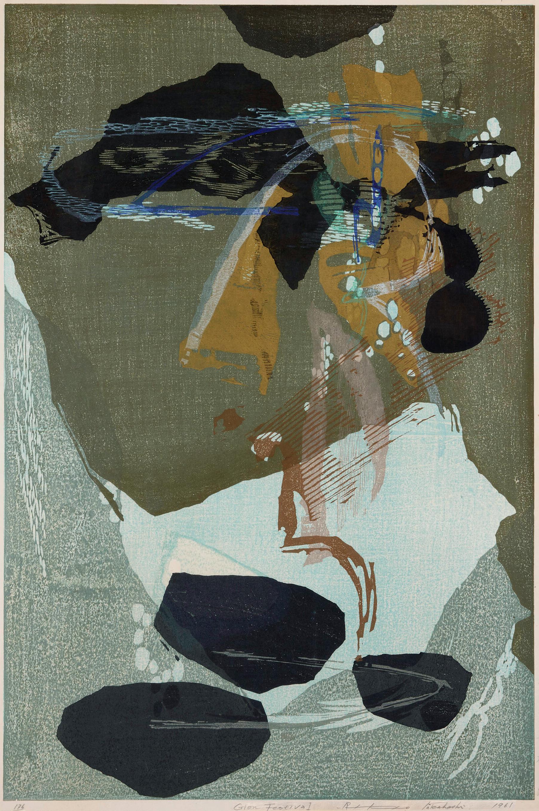 Abstract Print Rikio Takahashi - Festival de Gion 1961 gravure sur bois RIKIO TAKAHASHI artiste japonais de sōsaku hanga