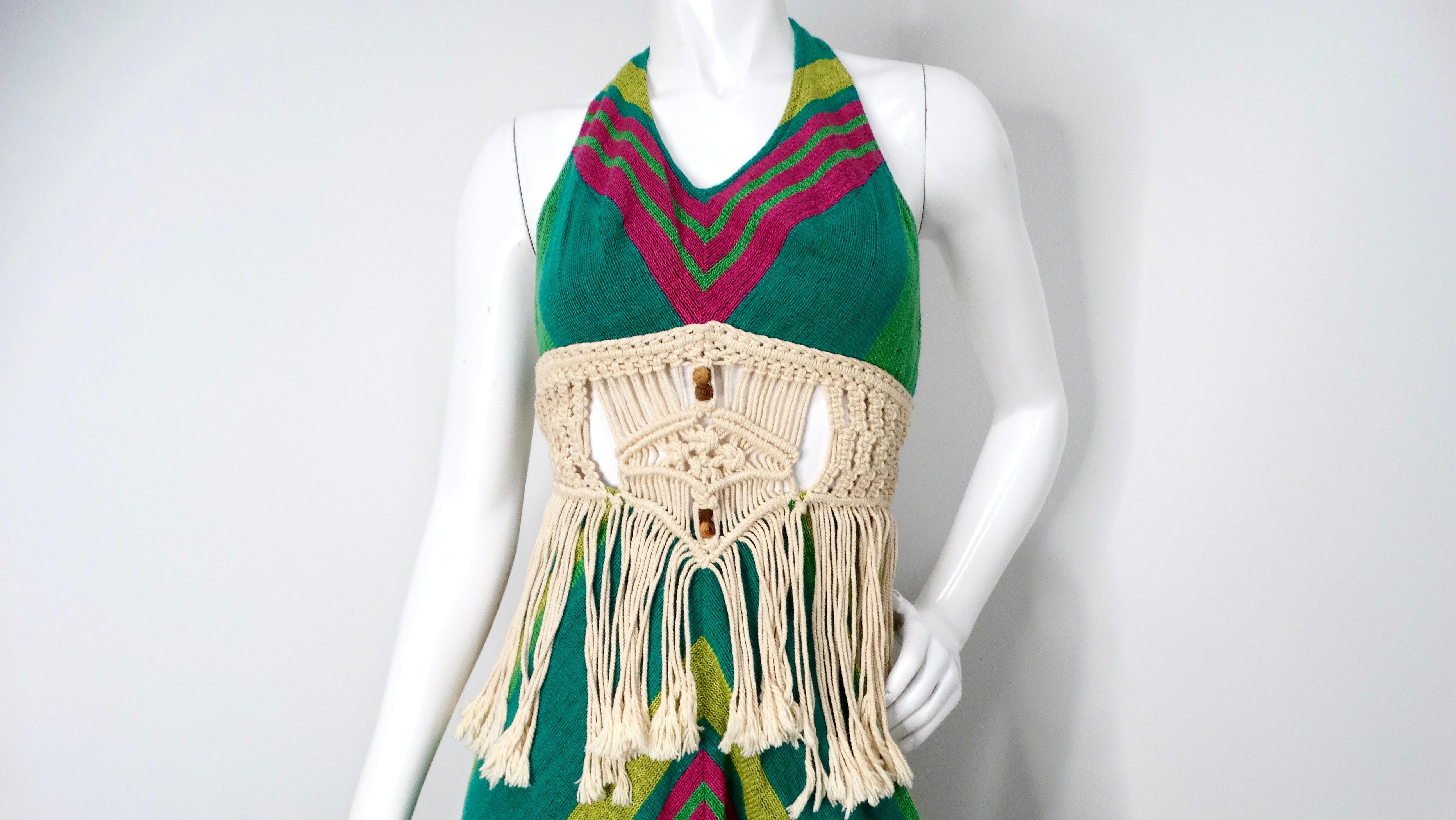 Verde Rikma 1970s Greene & Greene Multicolore Macrame Handmade Cotton Halter Maxi Dress