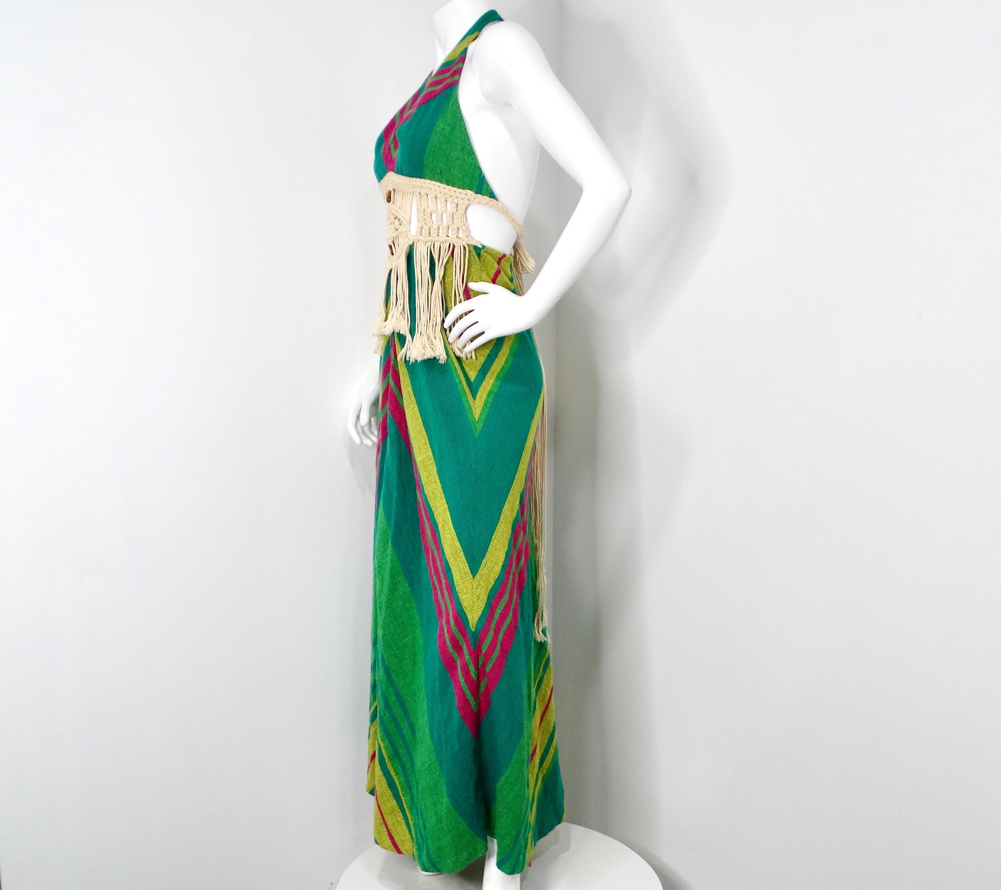 Rikma 1970s Greene & Greene Multicolore Macrame Handmade Cotton Halter Maxi Dress 1
