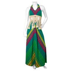 Rikma 1970s Greene & Greene Multicolore Macrame Handmade Cotton Halter Maxi Dress
