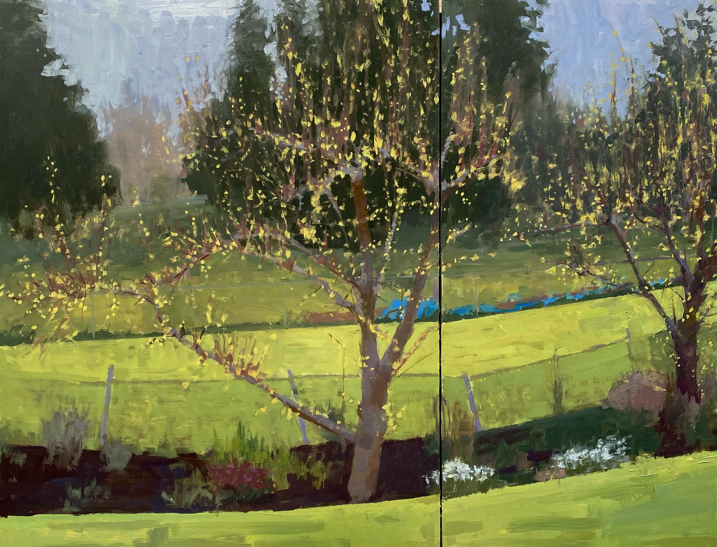 Riley Doyle's "Backyard, Early Spring" (2022) is an original, handmade oil painting that depicts a landscape and is painted on two panels. This piece measures at 22 x 28 inches in it's frame and is ready to hang.





