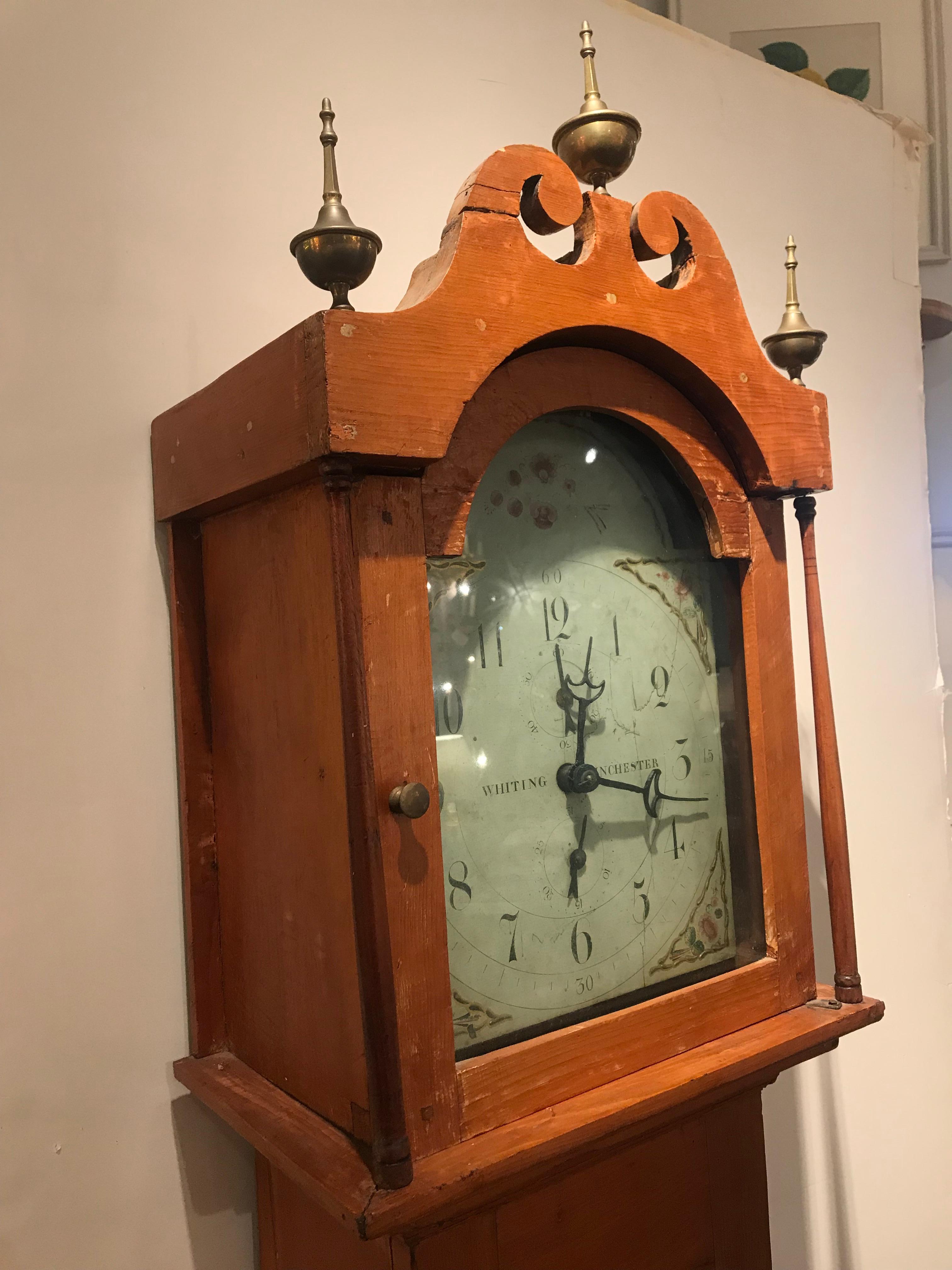 Riley whiting pine tall clock, Winchester, CT, circa 1818.
Pine case housing a wooden works movement and a painted wooden dial.