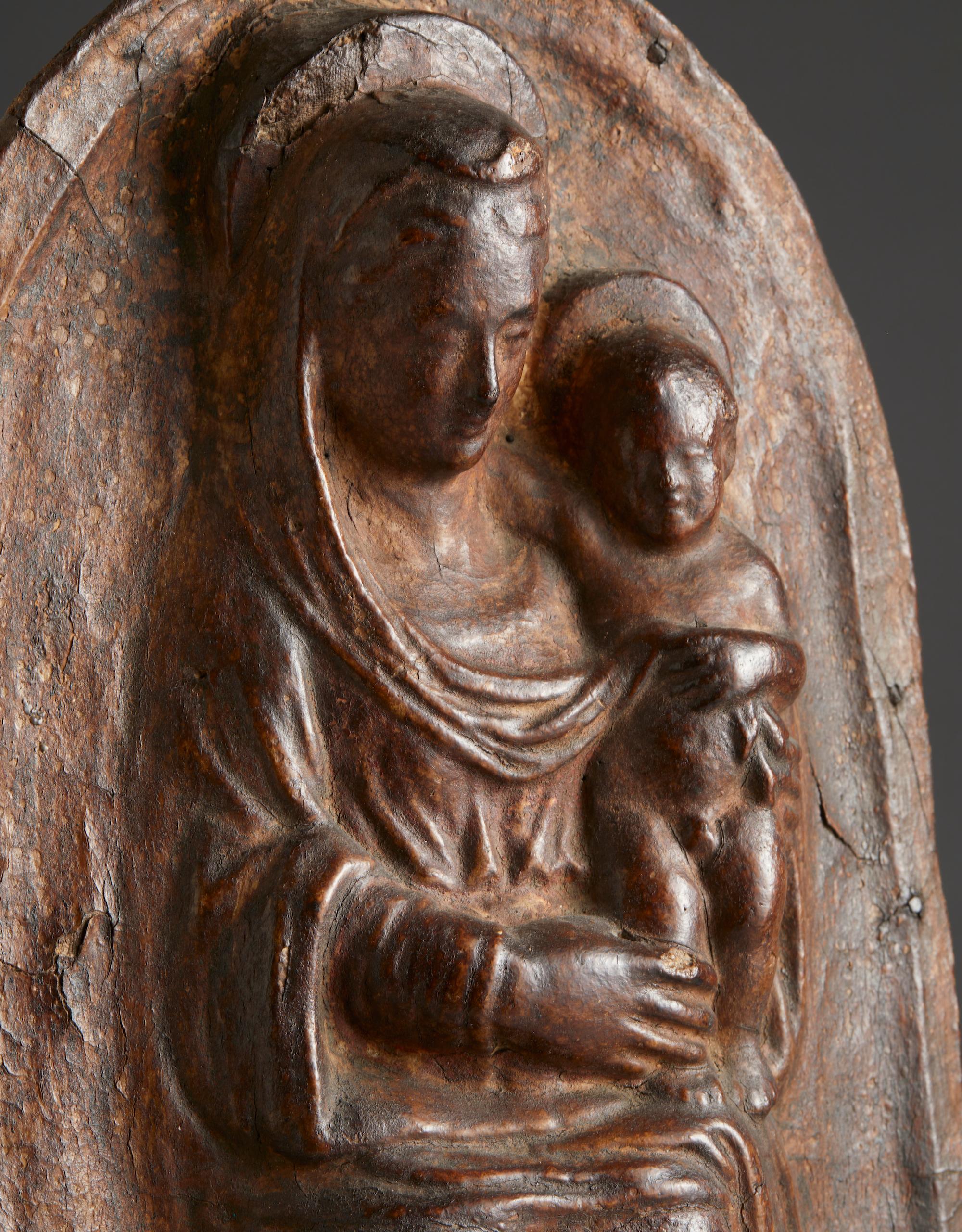 Baroque Leather relief depicting Madonna enthroned with Child on her lap For Sale