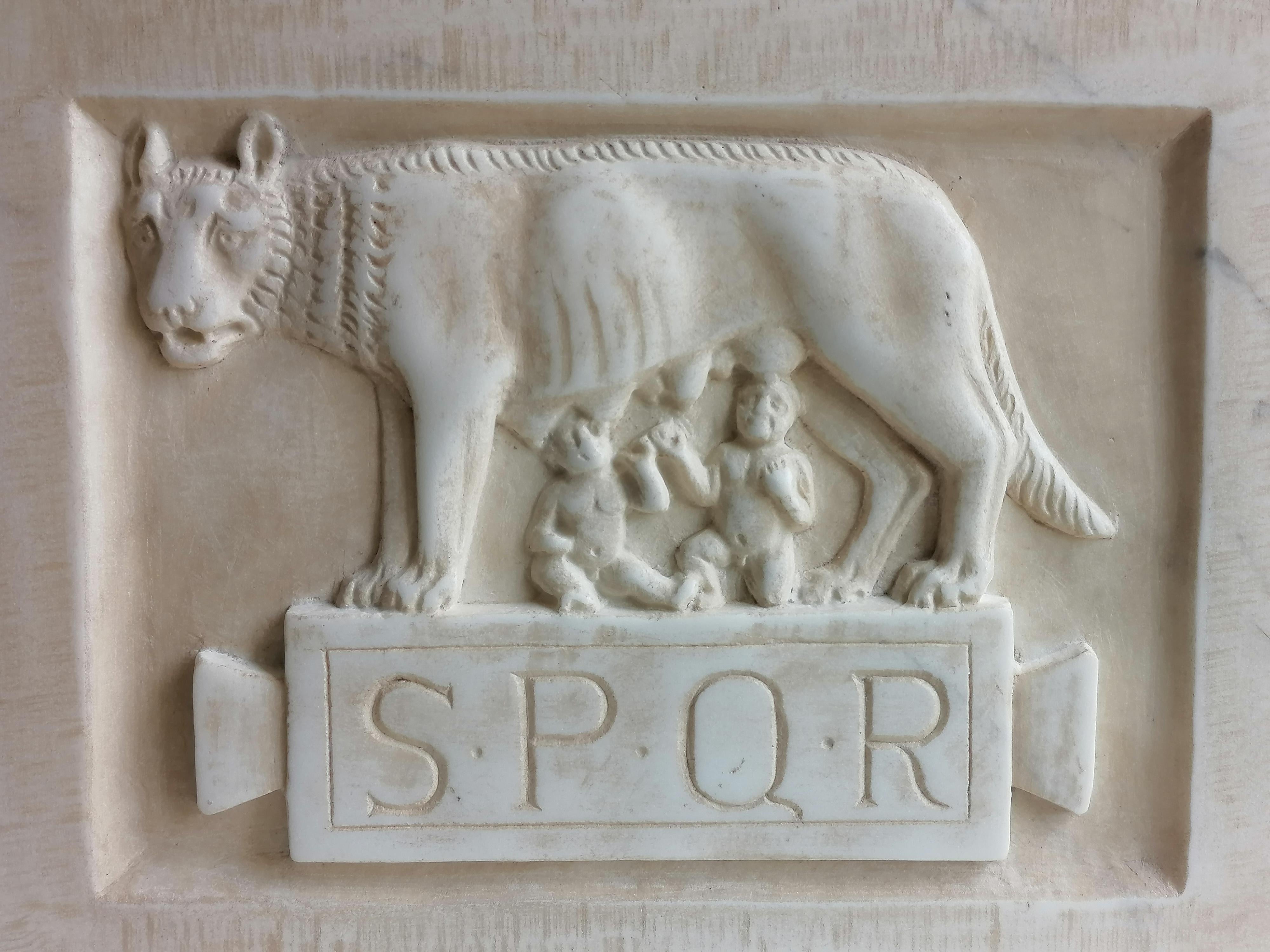 Rilievo scolpito su marmo bianco di Carrara rappresentante la Lupa capitolina che allatta i due gemelli Romolo e Remo.
Immagine icona della città di Roma, che sovrasta la scritta 