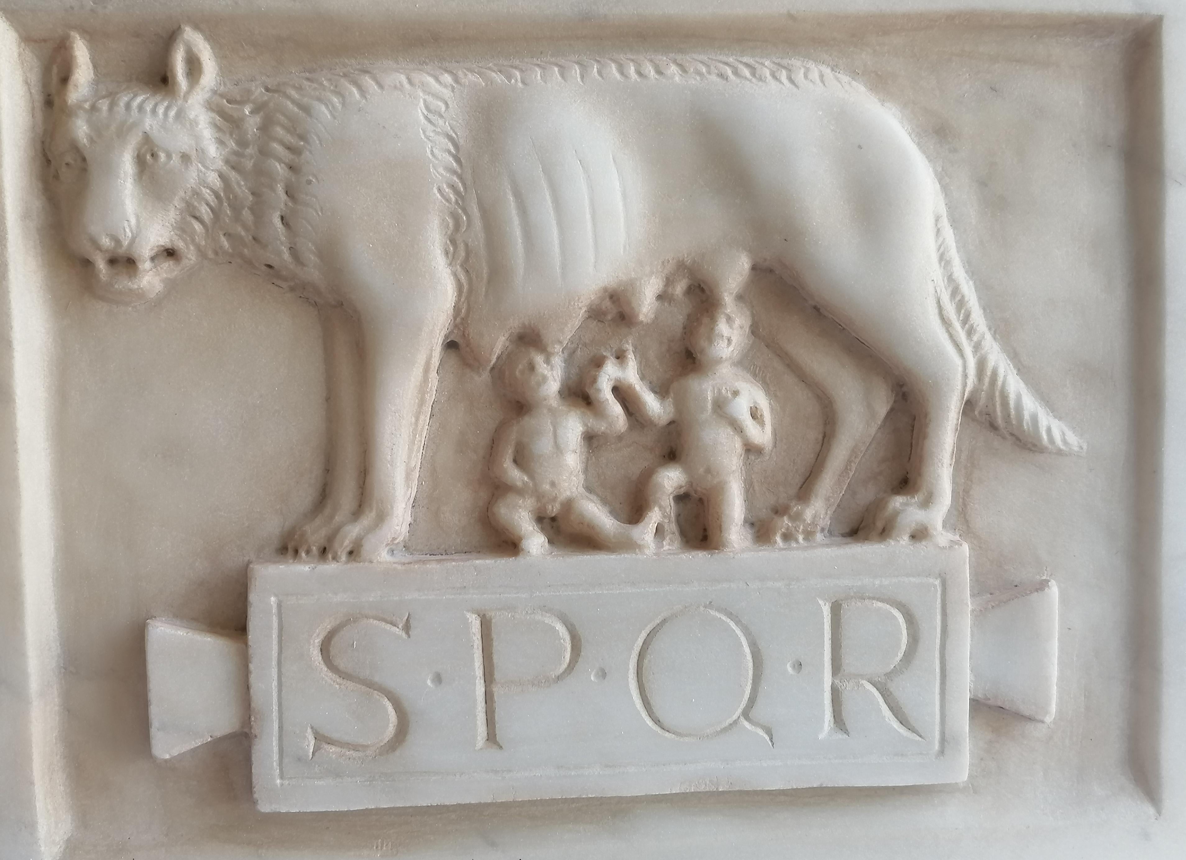 Rilievo scolpito su marmo bianco di Carrara rappresentante la Lupa capitolina che allatta i due gemelli Romolo e Remo.
Immagine icona della città di Roma, che sovrasta la scritta 