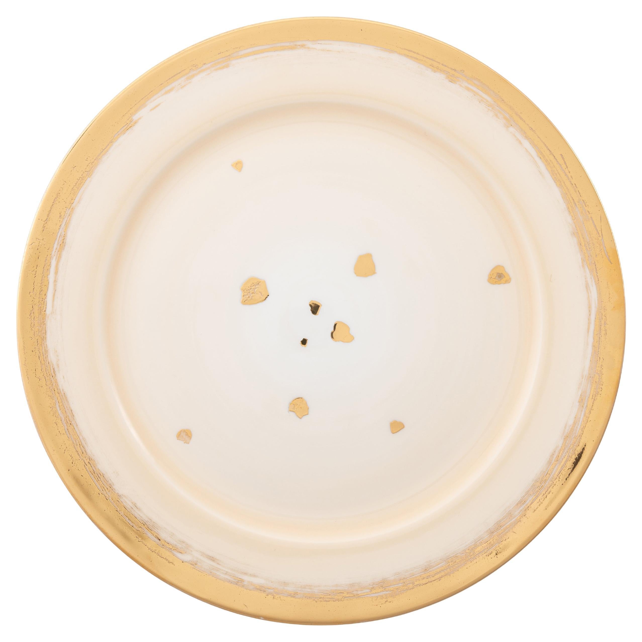 Rim Charger Creme Emaille Gold Handbemaltes Porzellan Made in Italy im Angebot