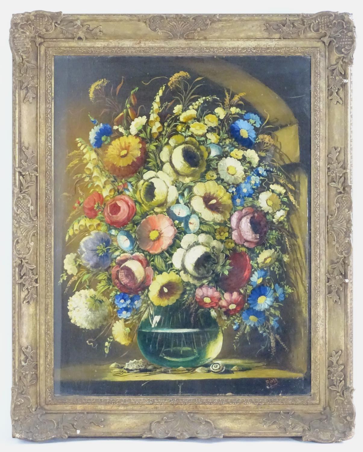 Rima Interior Painting – Klassische Stilllebenstudie von Blumen in Vase, aufwändig vergoldeter Rahmen