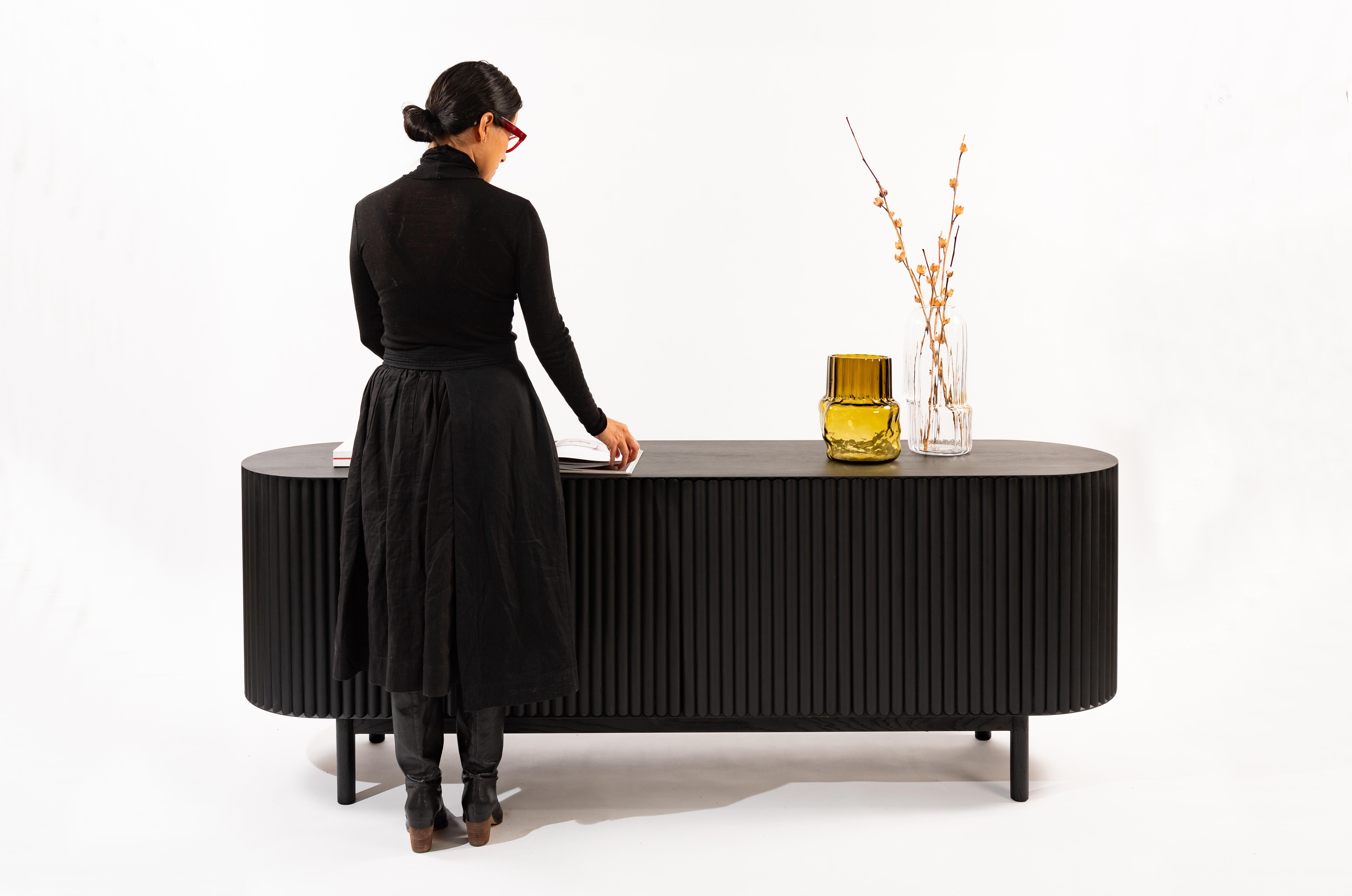 Turned RIMA Credenza, 2M Solid Black Finished Oak Wood For Sale