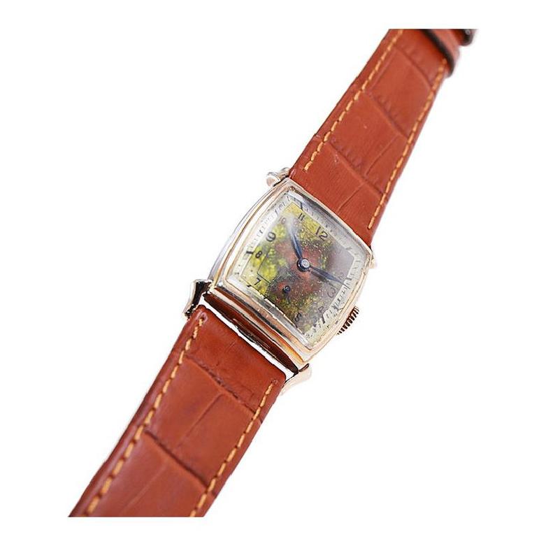 Rima Goldgefüllte Art-Déco-Armbanduhr mit prächtigem patiniertem Zifferblatt, ca. 1940er Jahre im Angebot 6