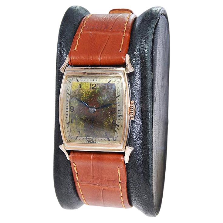 Rima Goldgefüllte Art-Déco-Armbanduhr mit prächtigem patiniertem Zifferblatt, ca. 1940er Jahre für Damen oder Herren im Angebot